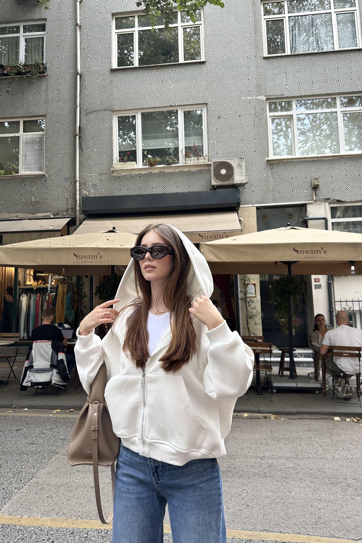 KAPŞONLU FERMUAR DETAY SWEATSHIRT
