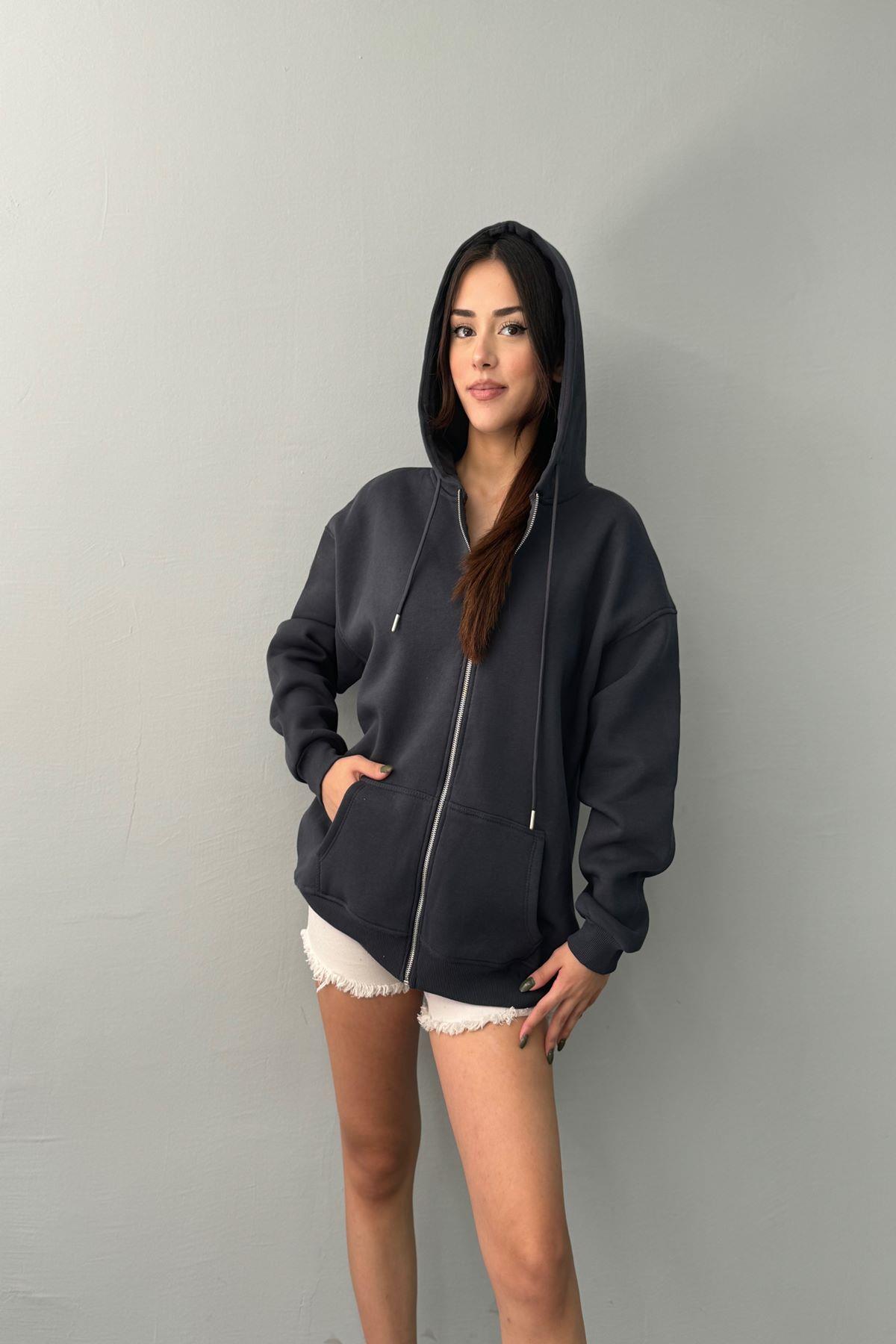 KAPŞONLU FERMUARLI OVERSİZE SWEATSHIRT