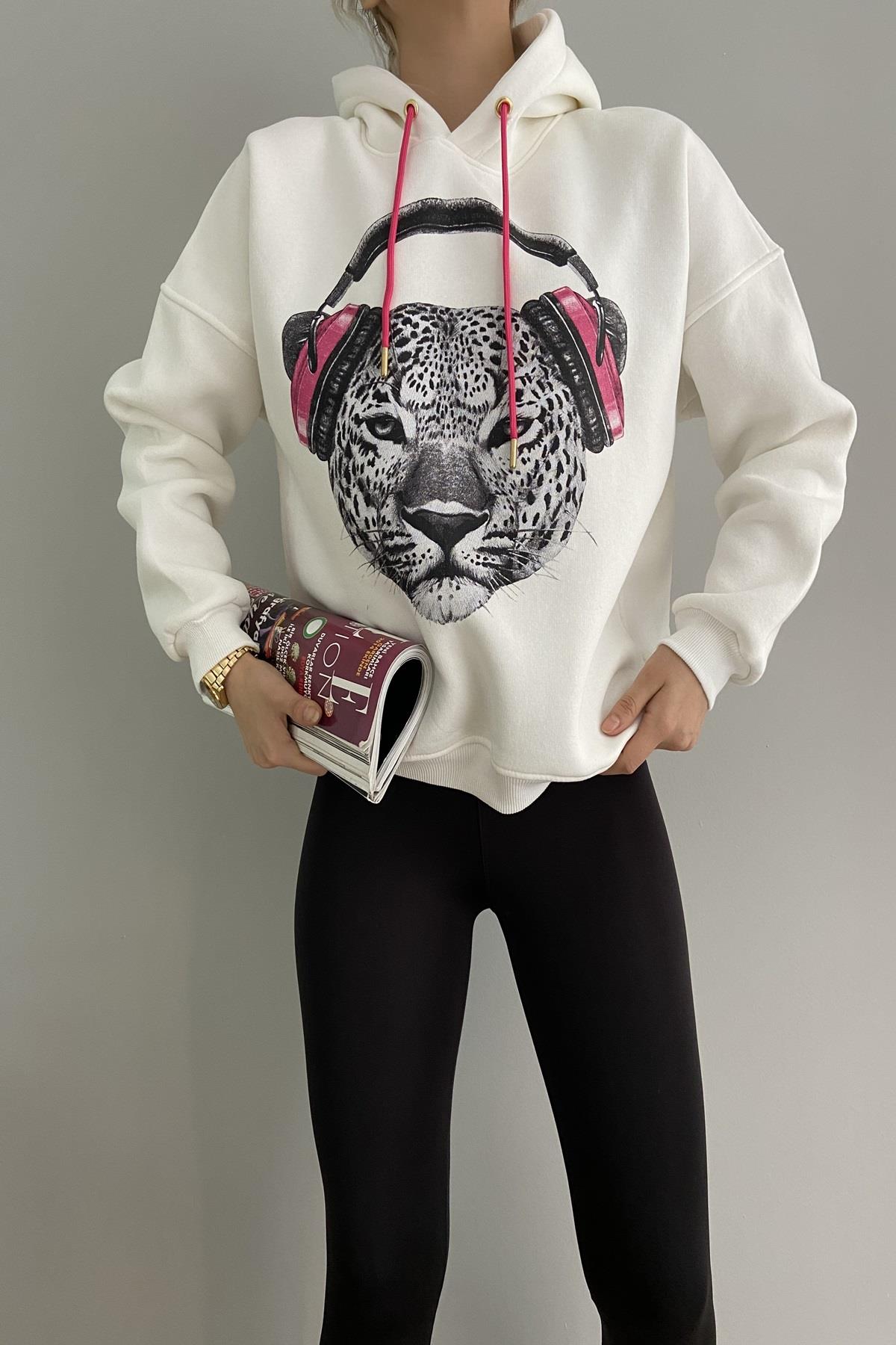 KULAKLIKLI LEOPAR BASKILI SWEAT