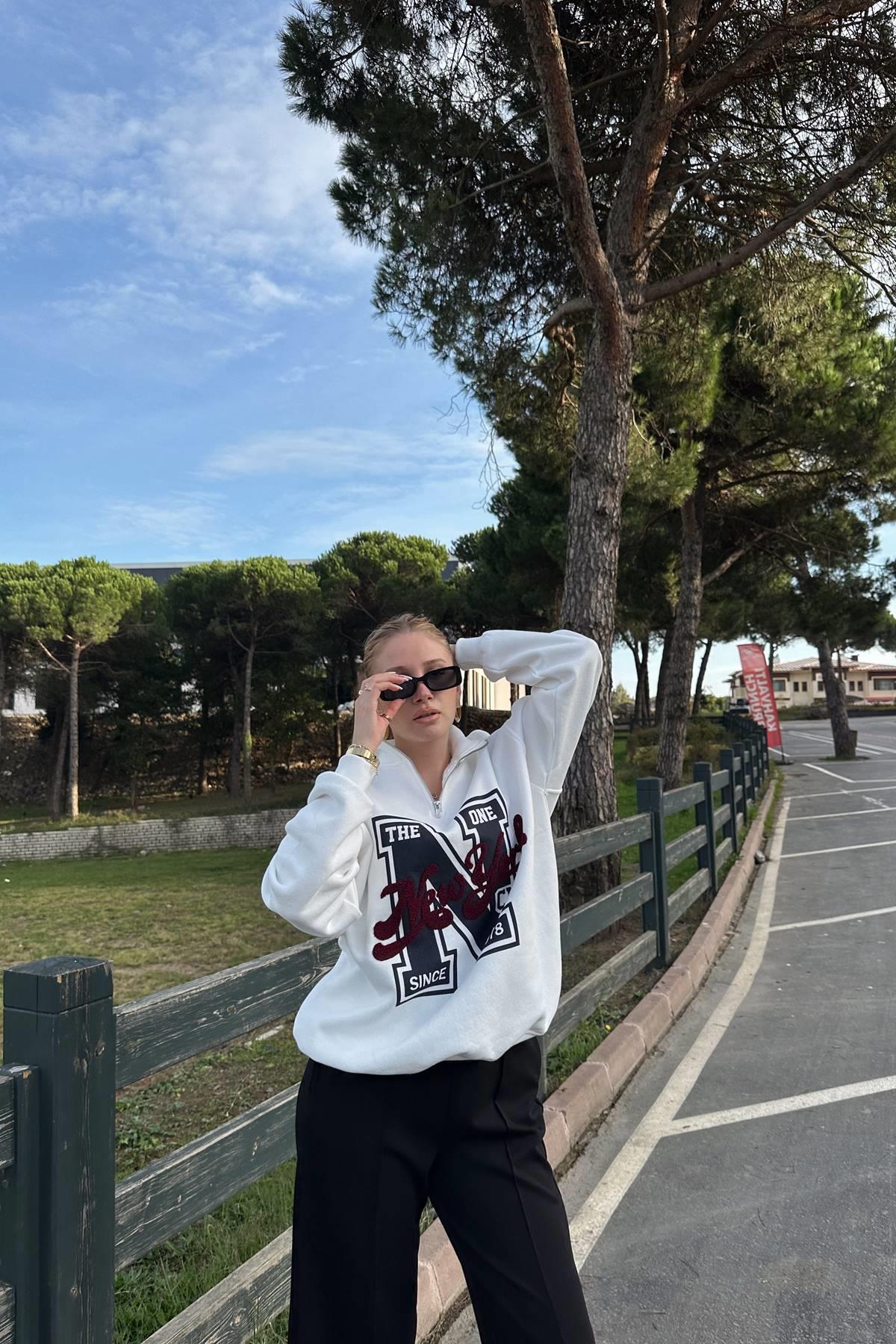 NEWYORK BASKILI YARIM FERMUARLI SWEATSHIRT