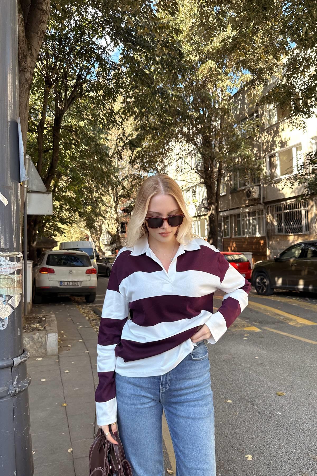 POLO YAKA ÇİZGİ DETAY SWEATSHIRT