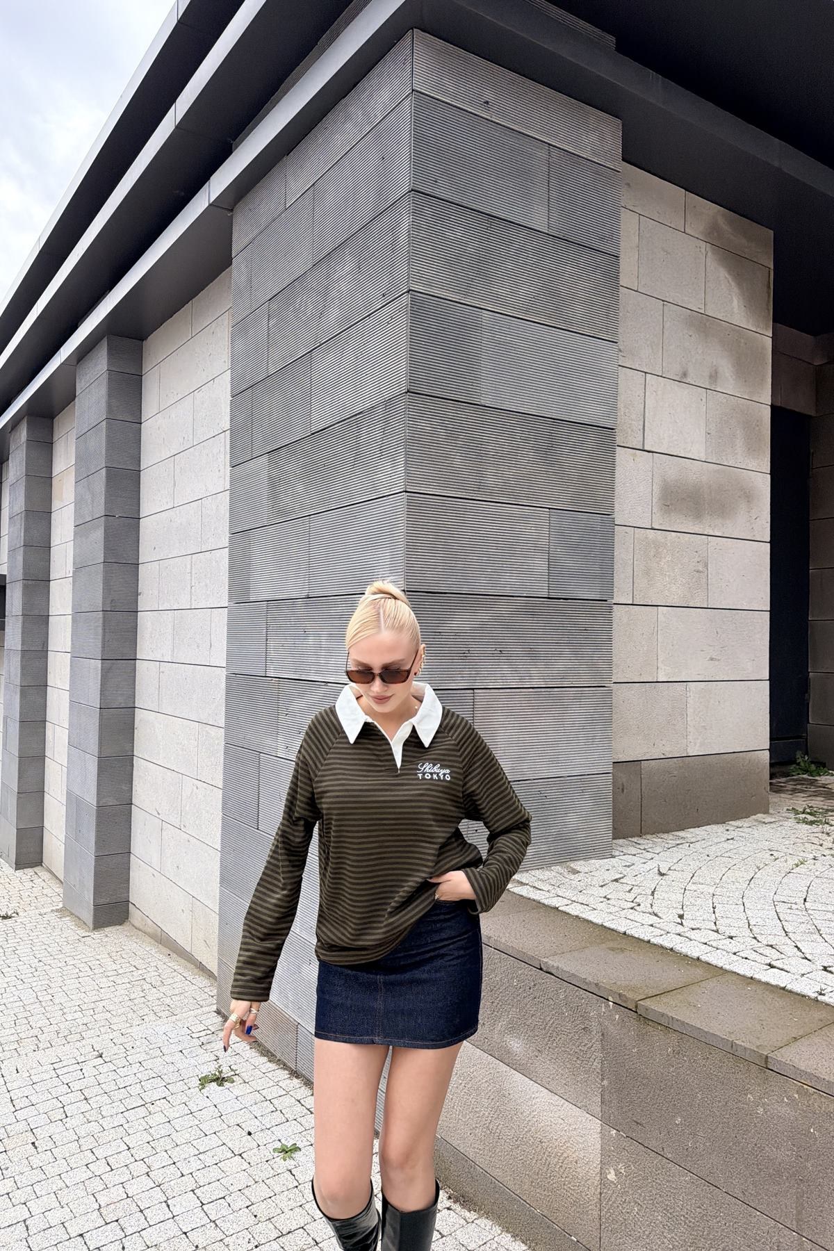 POLO YAKA ÇİZGİ VE NAKIŞ DETAY SWEAT