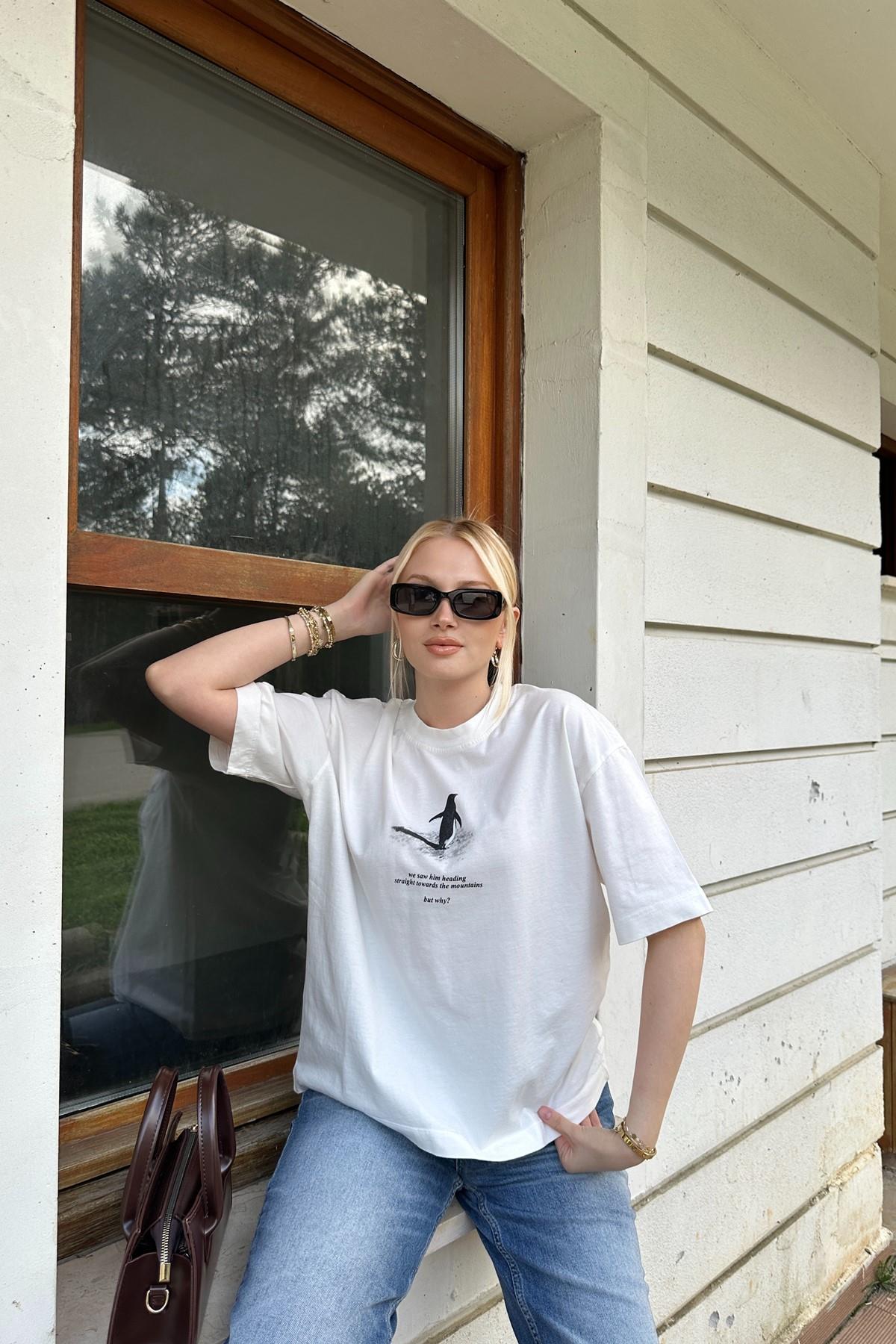 BİSİKLET YAKA BASKI DETAY OVERSİZE TSHIRT