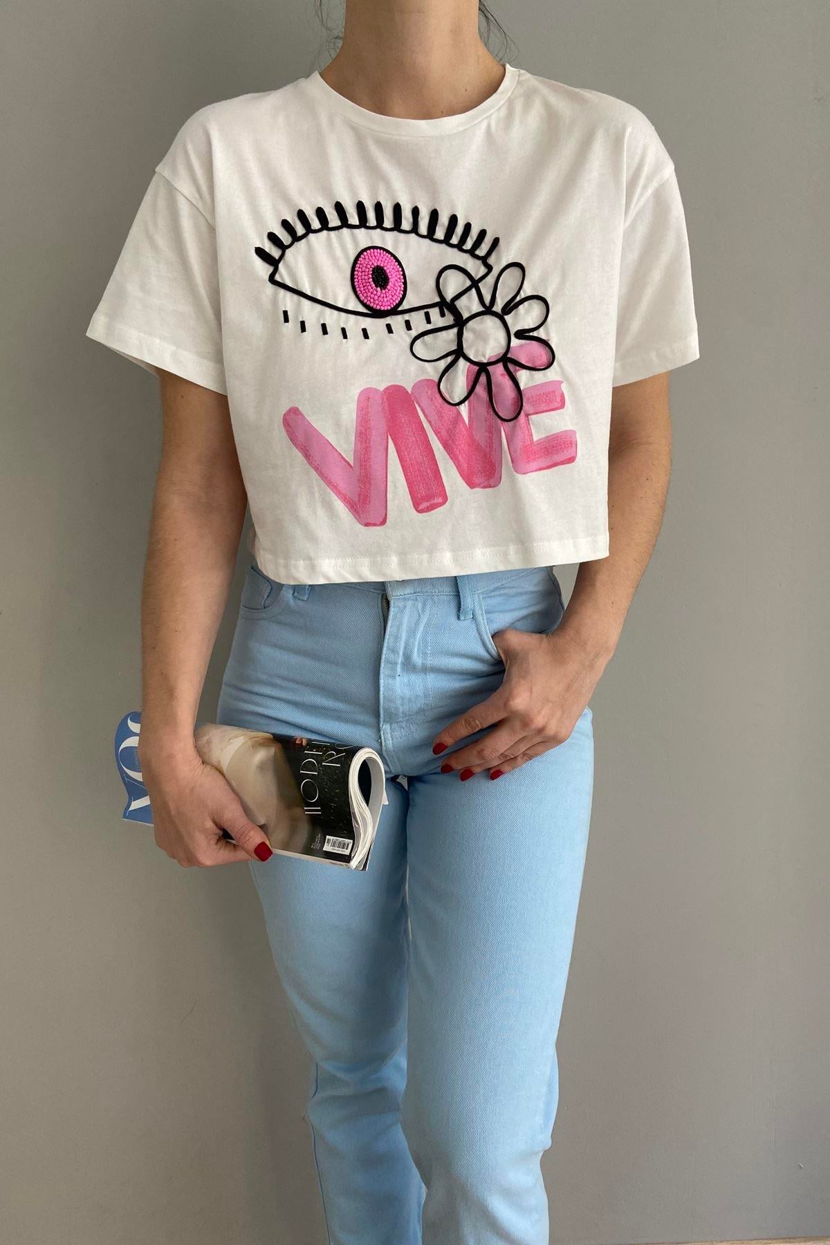 CROP NAKIŞLI TSHIRT