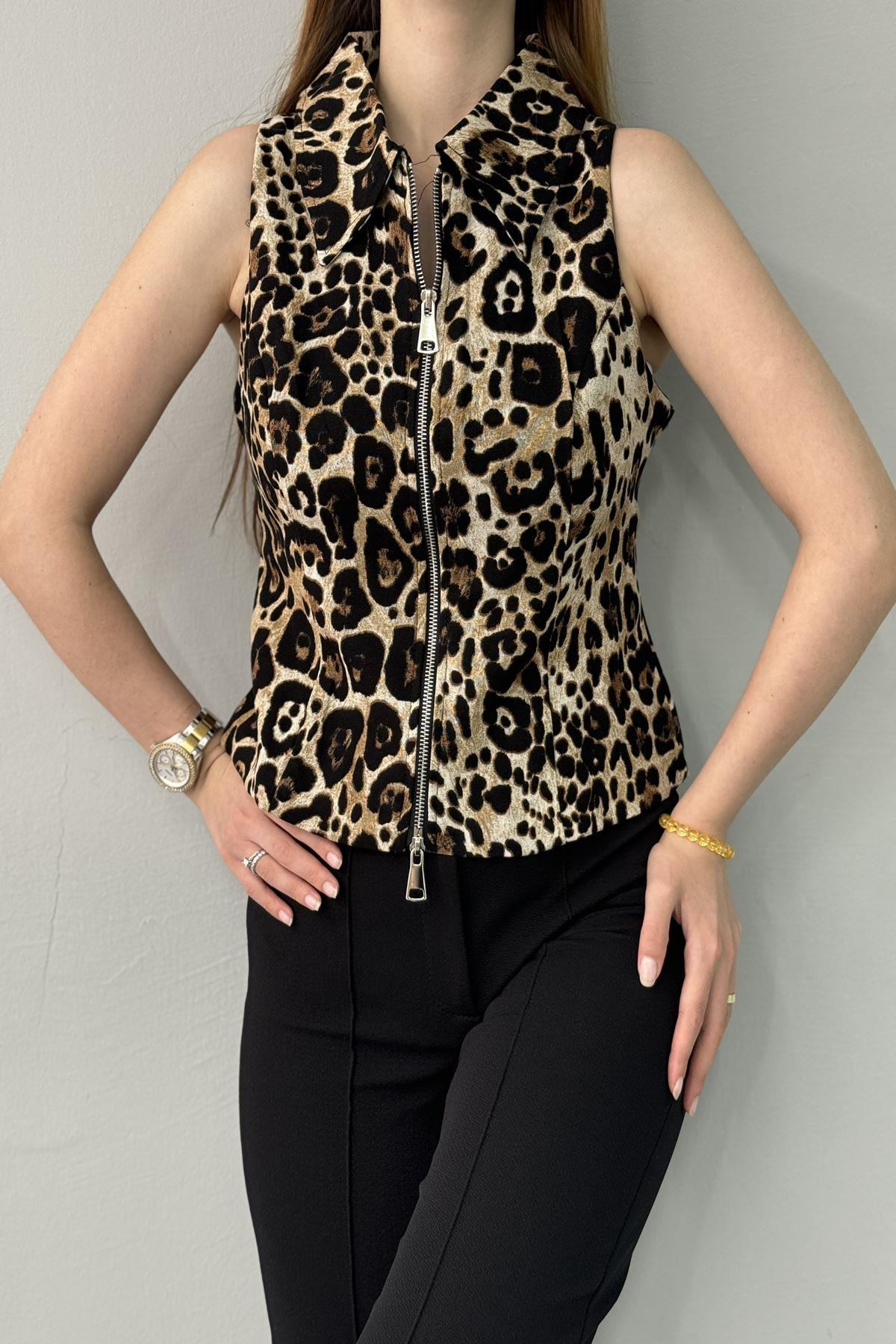 LEOPAR DESENLİ FERMUARLI YELEK