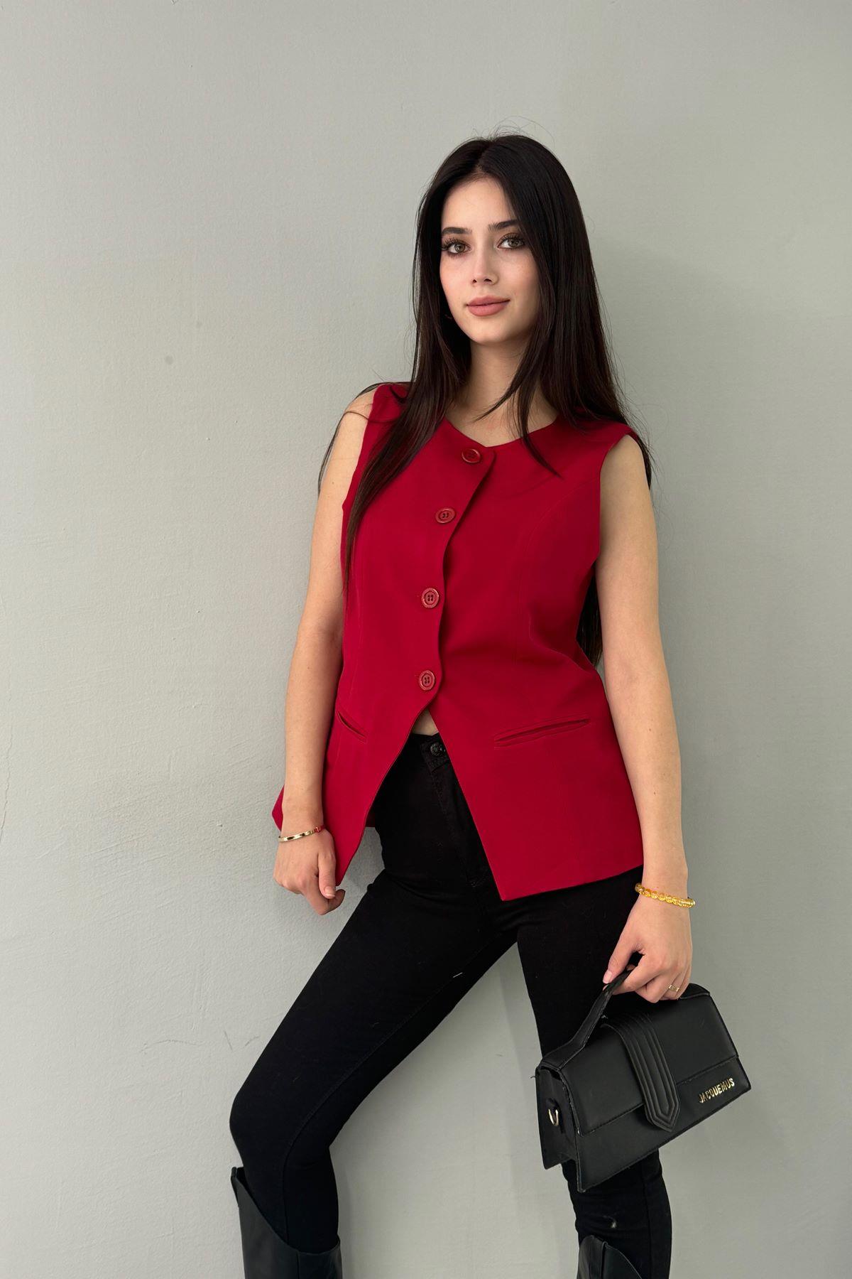 ÖNÜ DÜĞMELİ BELİ KUŞAK DETAYLI YELEK
