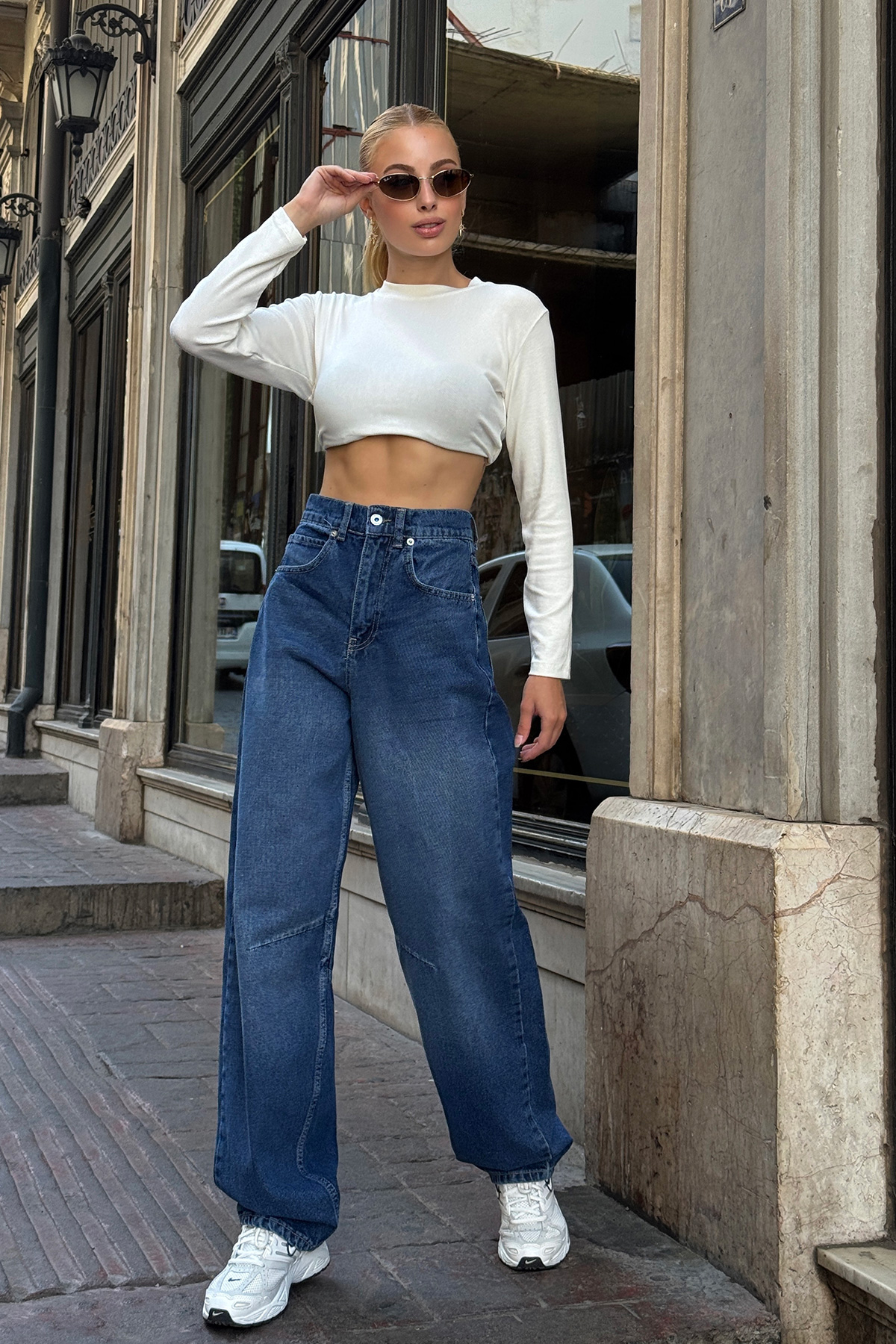 Kadın Koyu Mavi 5 Cepli Bol Paça Baggy Jean VS00711