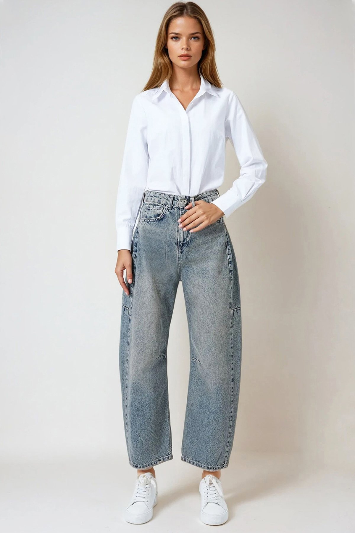 Kadın Yeşil Tintli Mavi 5 Cepli Dikiş Detaylı Bol Paça Jean VS01018