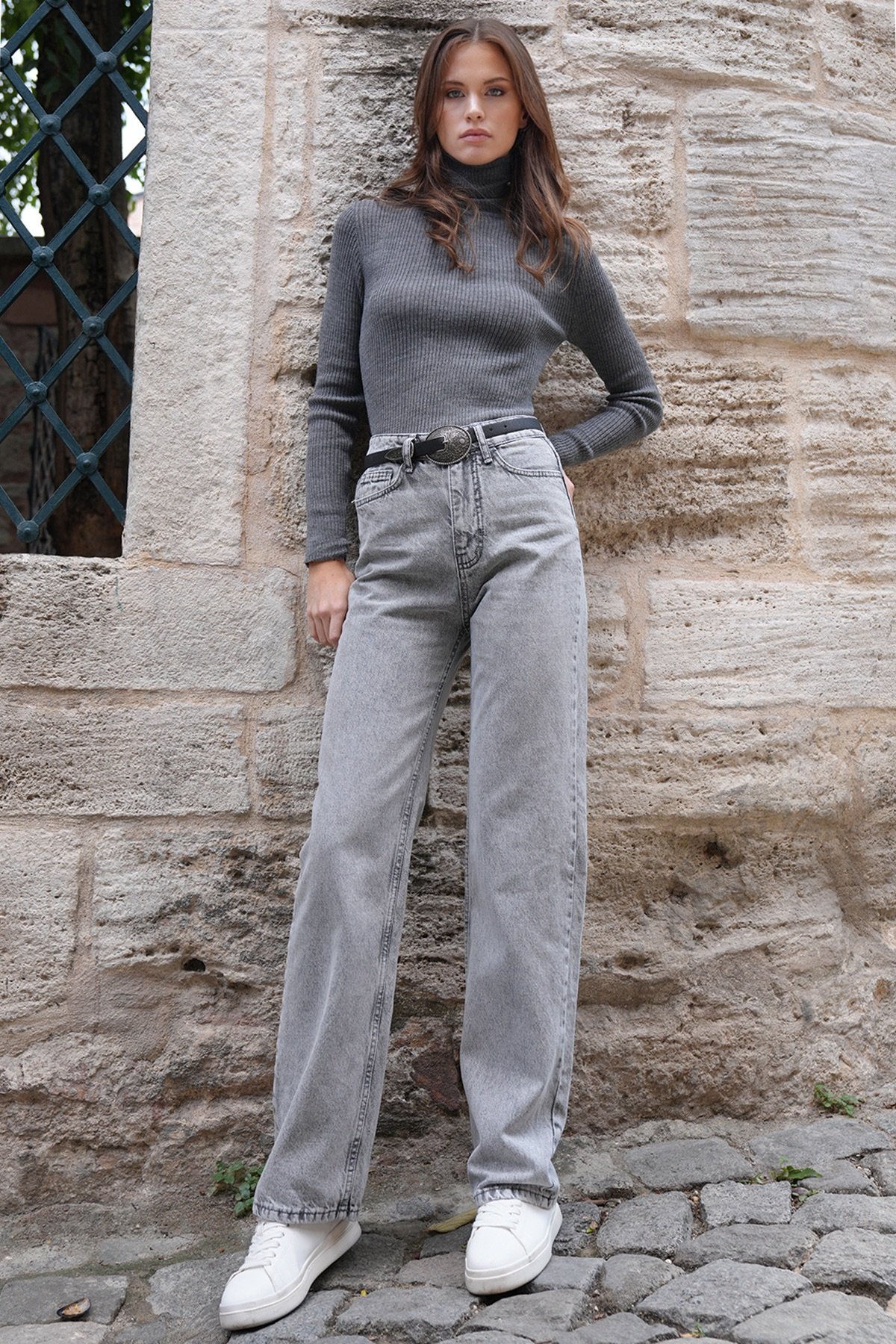 Kadın Duman Grisi 5 Cepli Yüksek Bel Düz Paça Jean VS01205