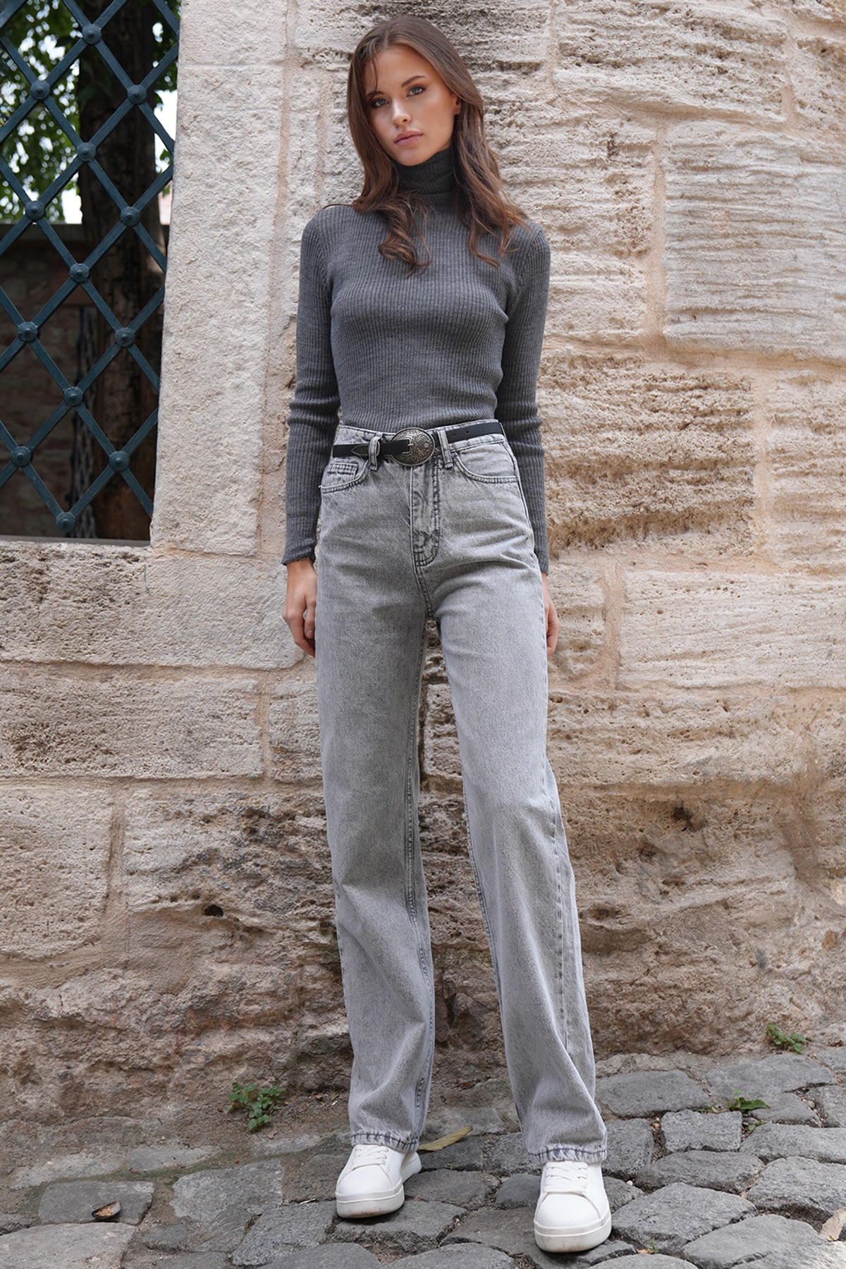 Kadın Duman Grisi 5 Cepli Yüksek Bel Düz Paça Jean VS01205