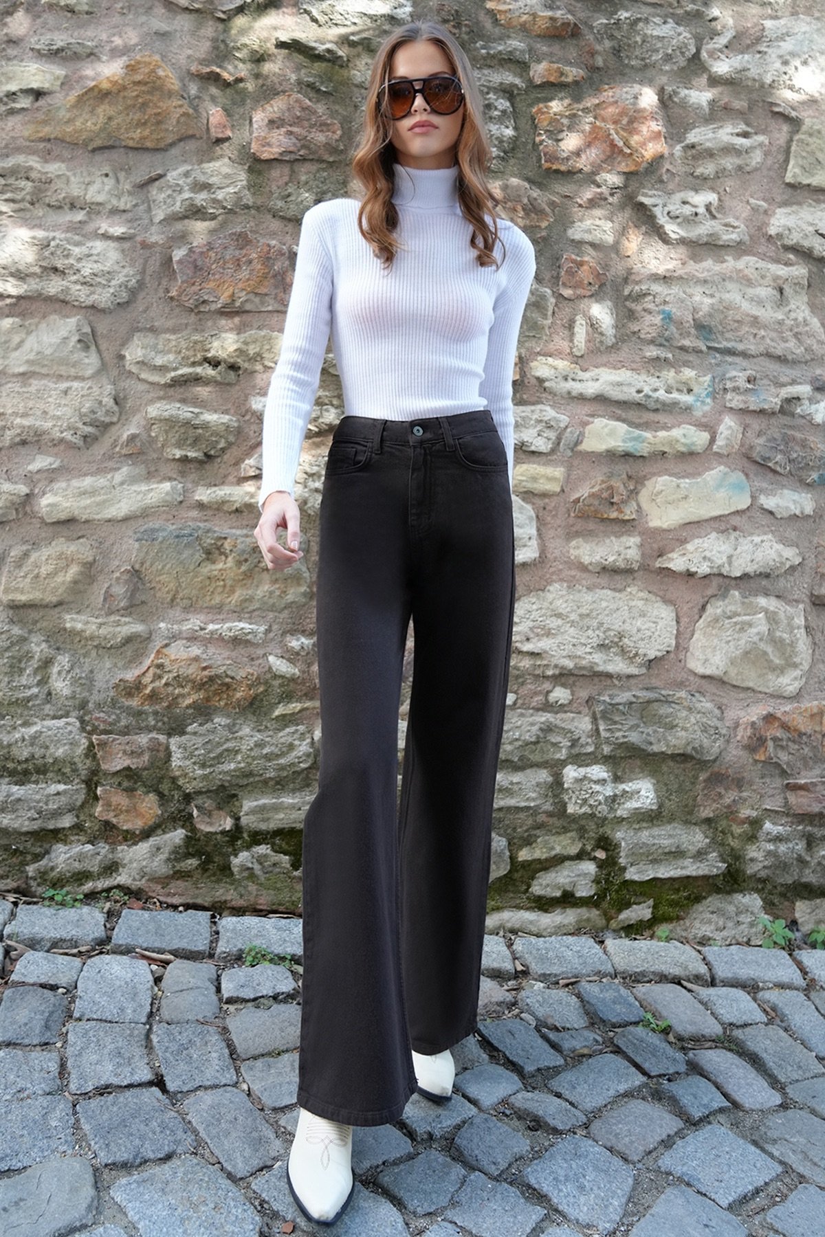 Kadın Acı Kahve 5 Cepli Yüksek Bel Palazzo Jean VS01204