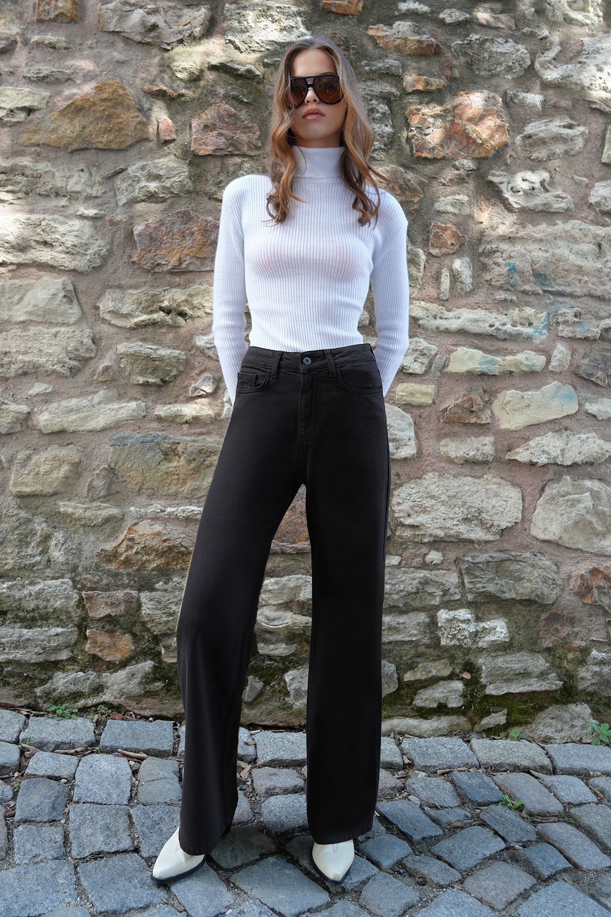 Kadın Acı Kahve 5 Cepli Yüksek Bel Palazzo Jean VS01204