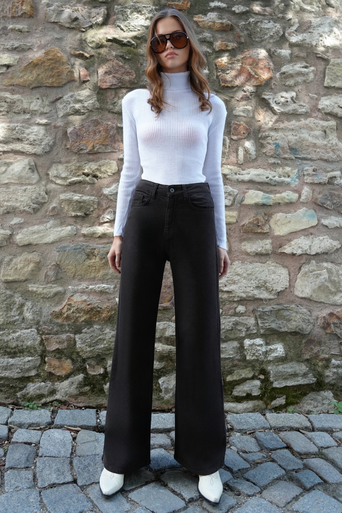 Kadın Acı Kahve 5 Cepli Yüksek Bel Palazzo Jean VS01204