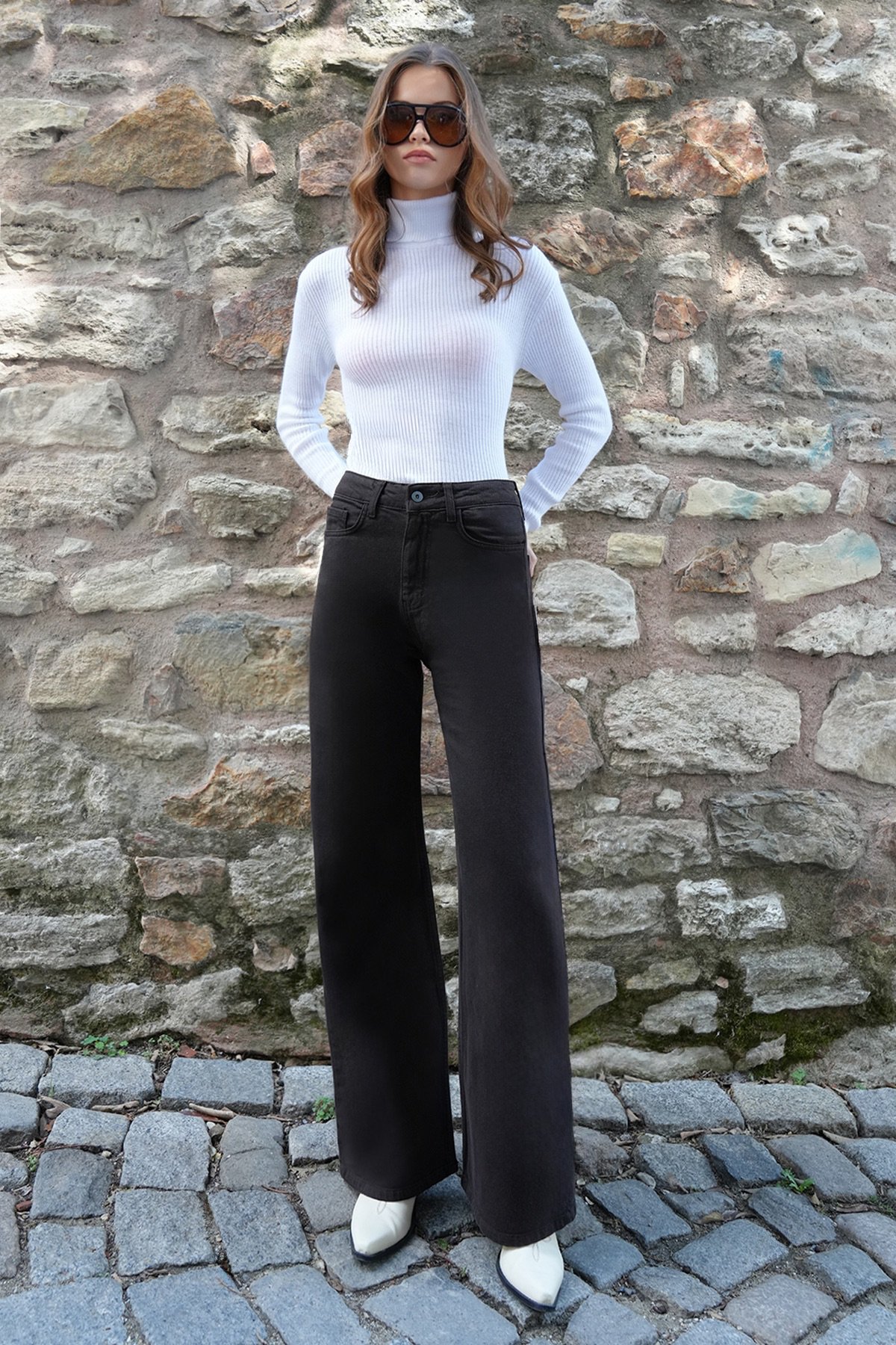 Kadın Acı Kahve 5 Cepli Yüksek Bel Palazzo Jean VS01204