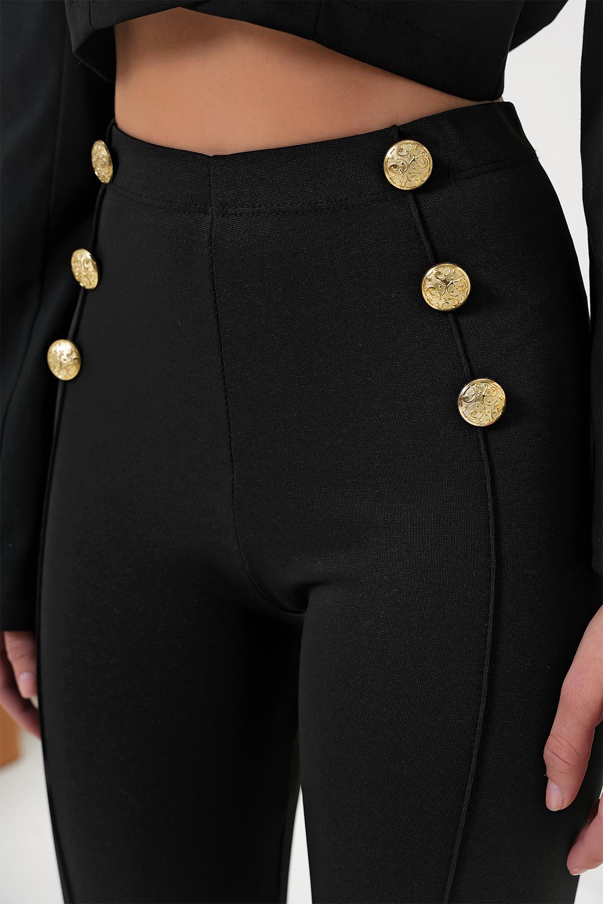Kadın Siyah Altın Rengi Düğmeli Önü Çımalı Tayt ALC-X13170