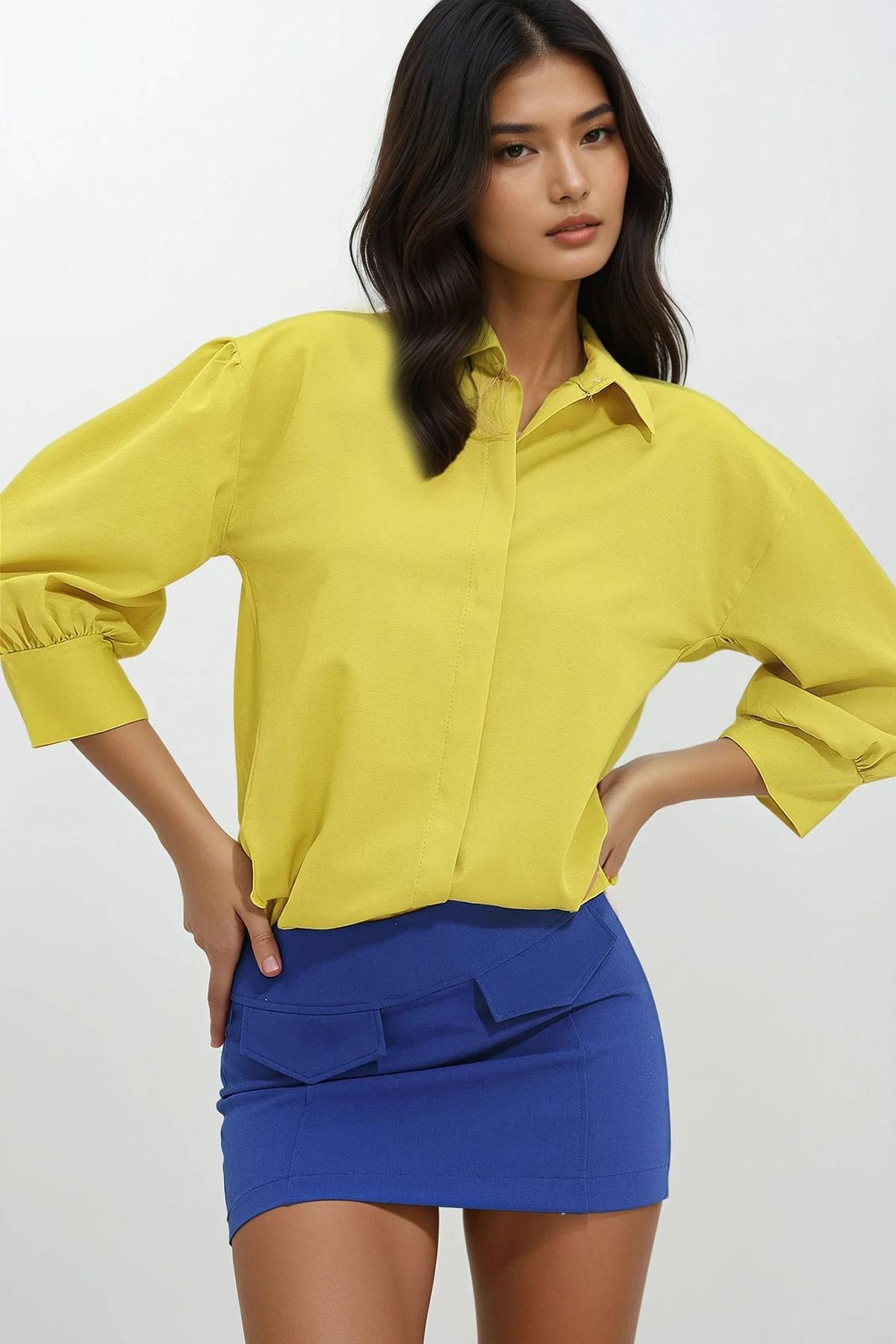 Kadın Yağ Yeşili Balon Kol Gizli Patlı Basic Poplin Gömlek ALC-X9654