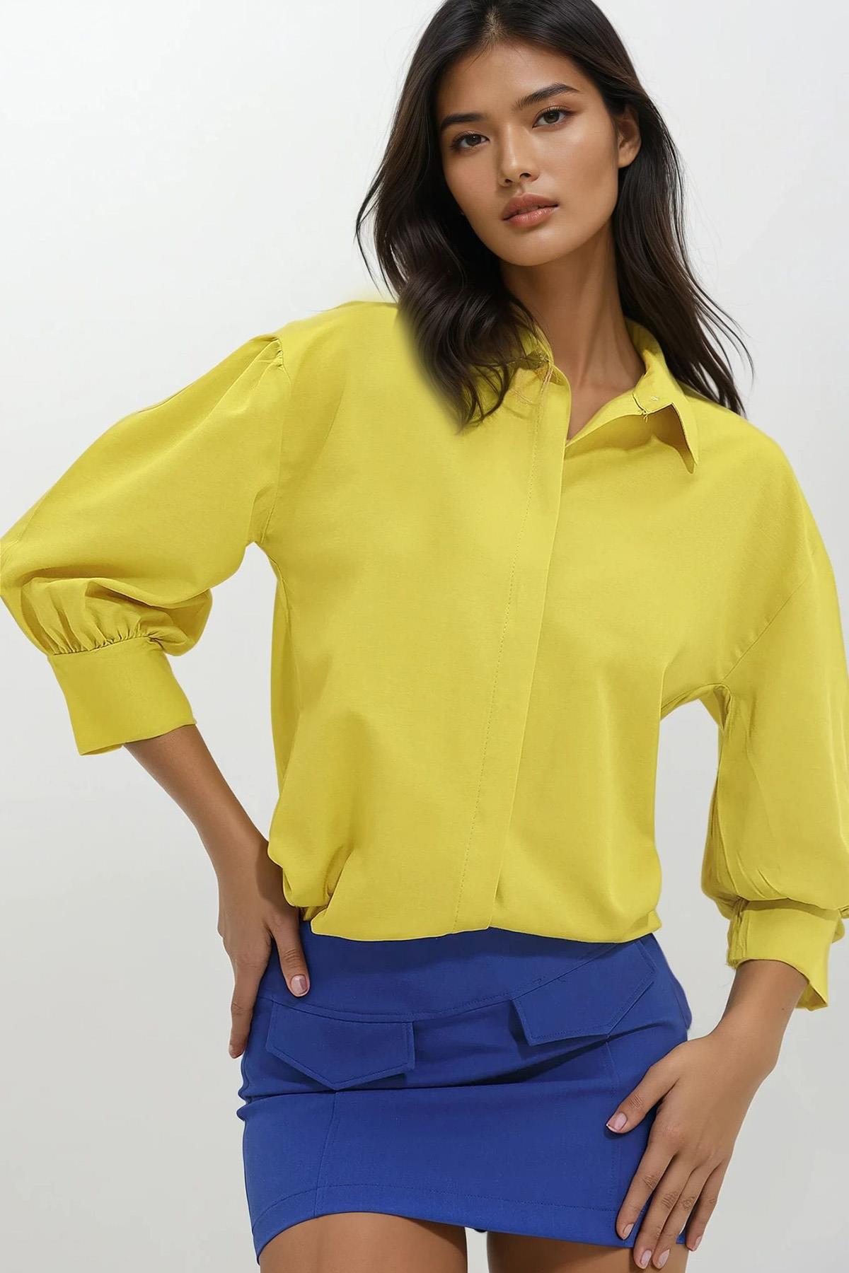 Kadın Yağ Yeşili Balon Kol Gizli Patlı Basic Poplin Gömlek ALC-X9654