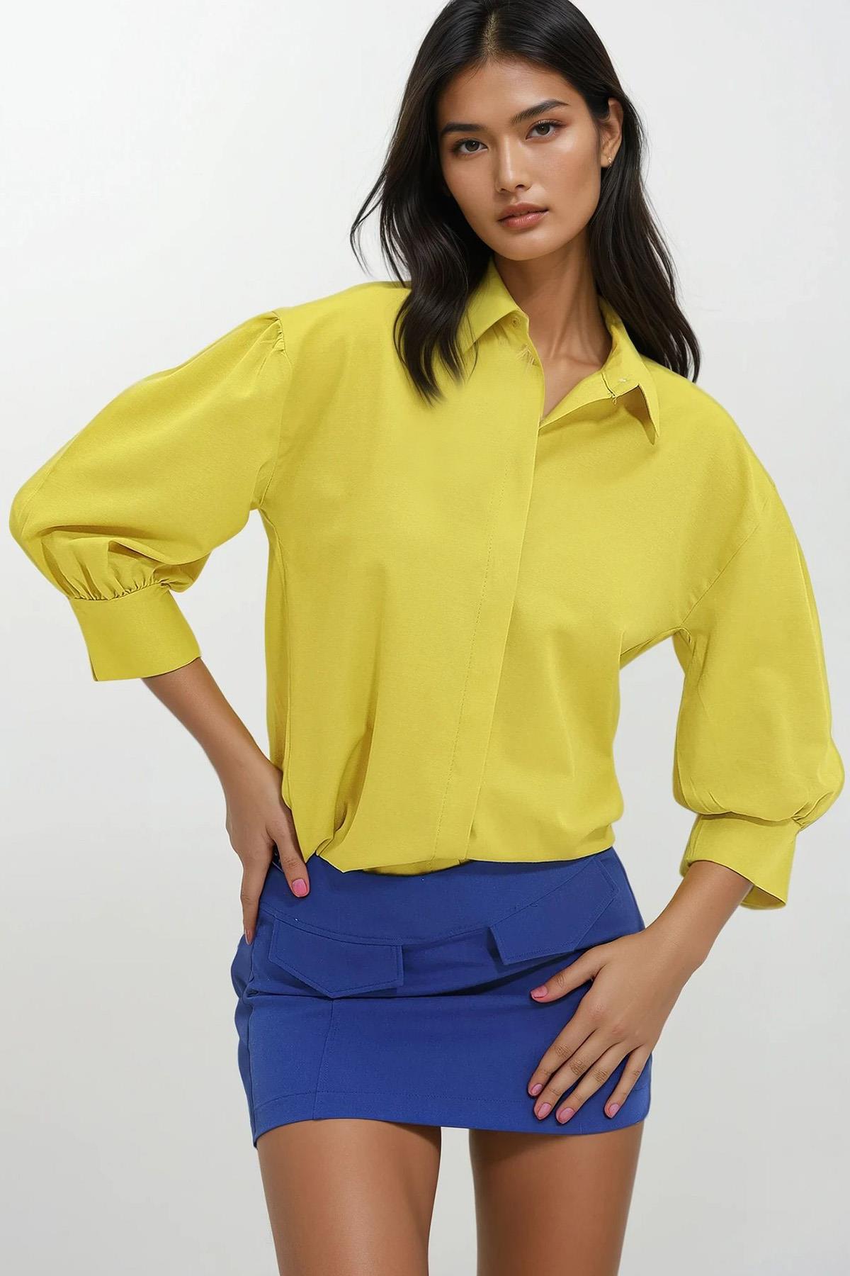 Kadın Yağ Yeşili Balon Kol Gizli Patlı Basic Poplin Gömlek ALC-X9654