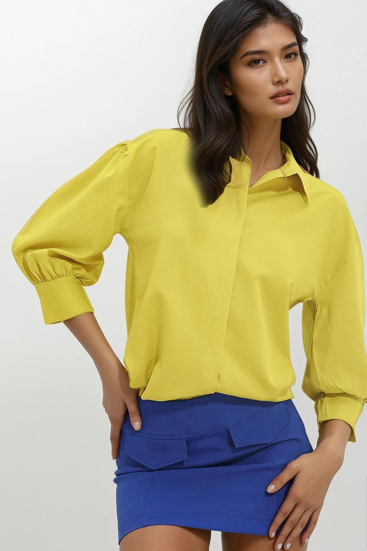 Kadın Yağ Yeşili Balon Kol Gizli Patlı Basic Poplin Gömlek ALC-X9654