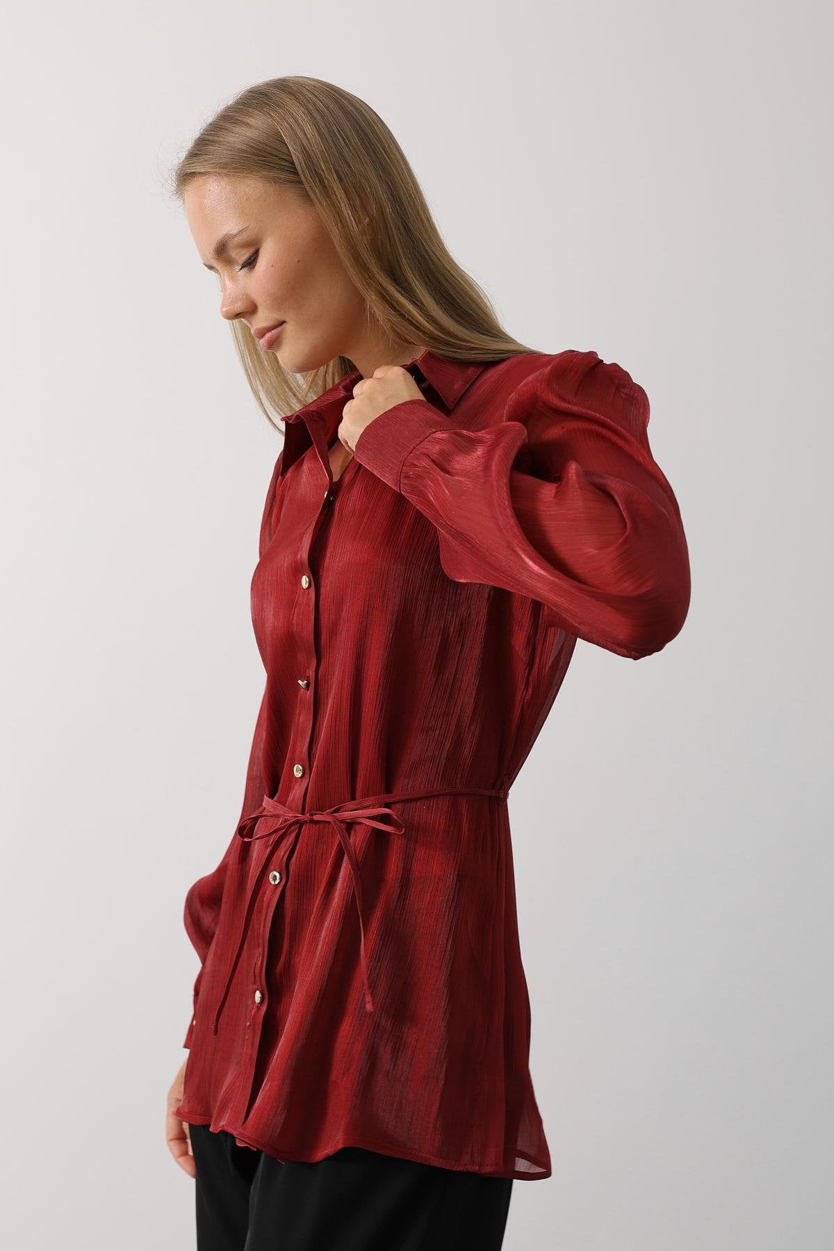 Kadın Bordo Belden Bağlamalı Uzun Kollu Oversize Gömlek VS00577