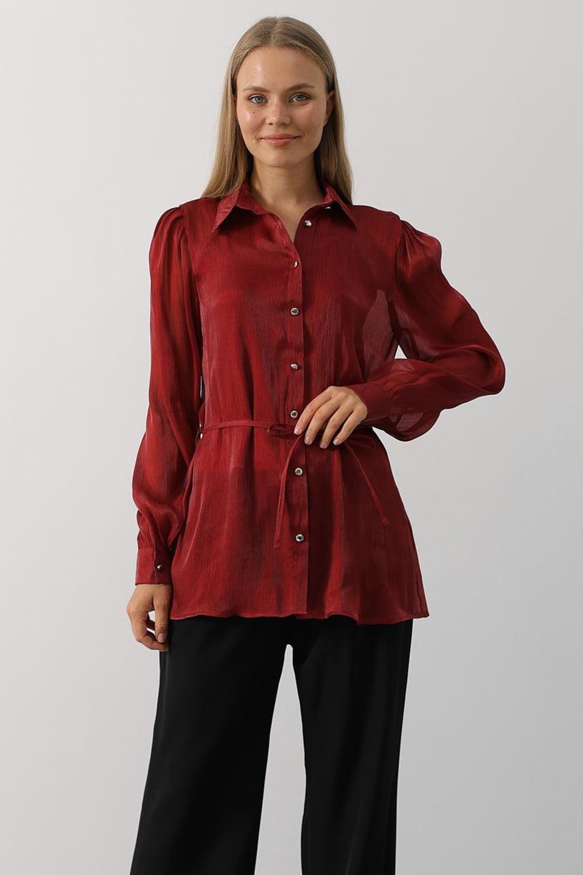 Kadın Bordo Belden Bağlamalı Uzun Kollu Oversize Gömlek VS00577