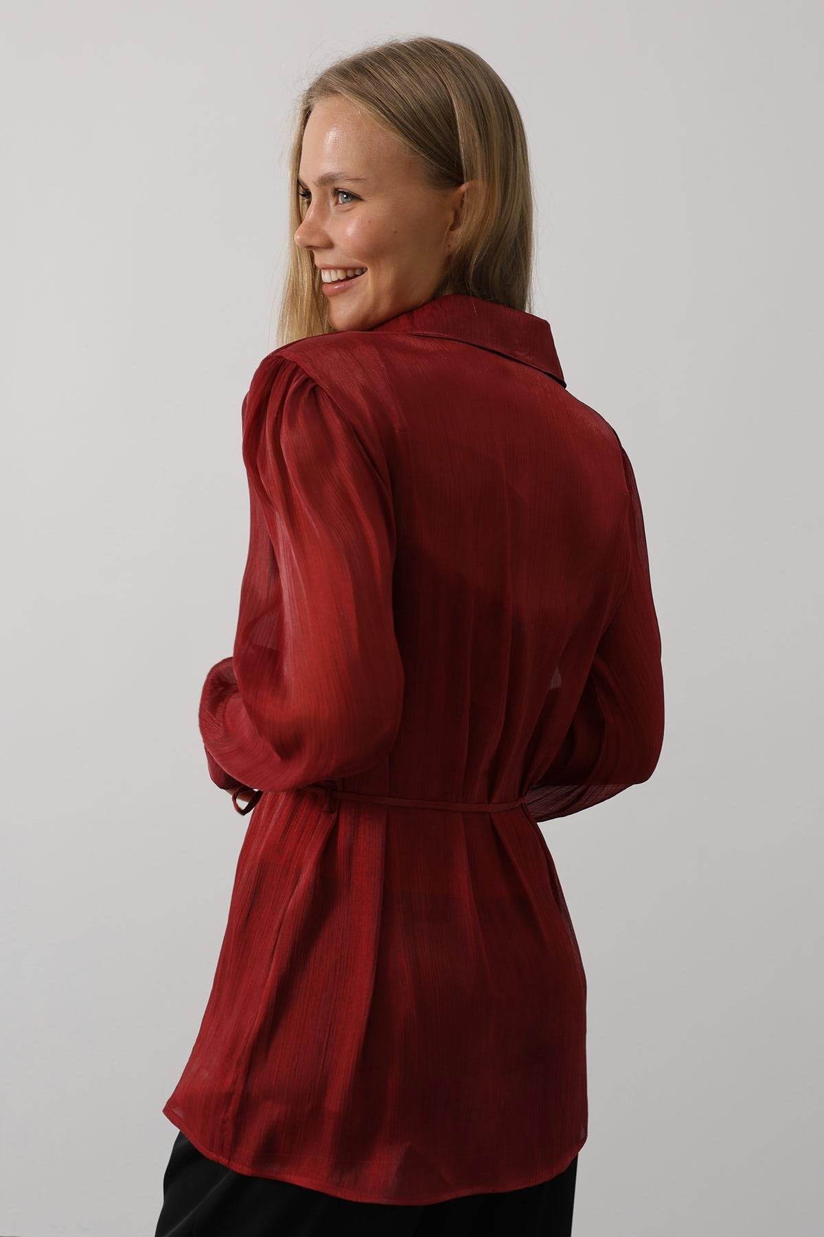 Kadın Bordo Belden Bağlamalı Uzun Kollu Oversize Gömlek VS00577