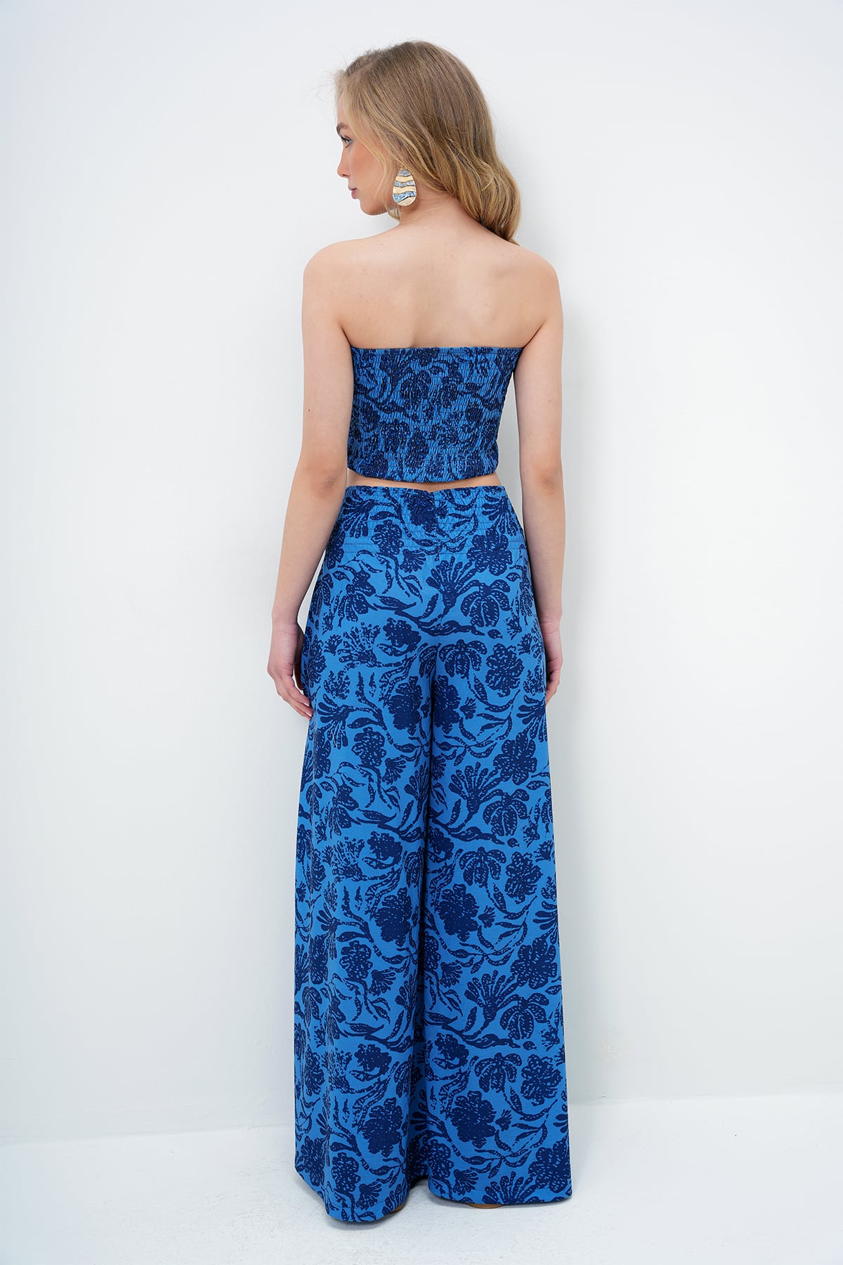 Kadın Lacivert Beli Gipeli Geniş Paça Pantolon Ve Gipeli Crop Büstiyer Takım ALC-X14058