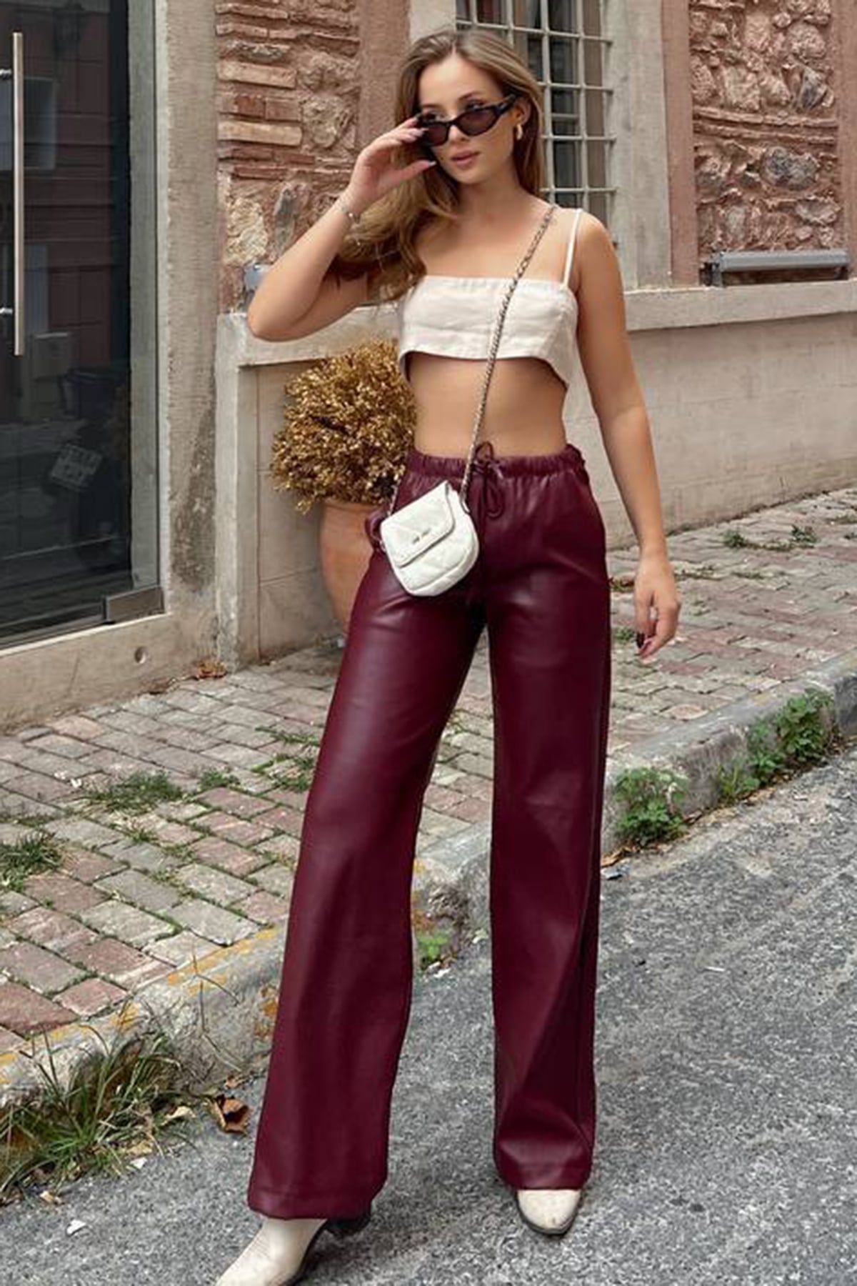Kadın Bordo Beli Lastikli Ve Bağcıklı Suni Deri Palazzo Pantolon VS01395
