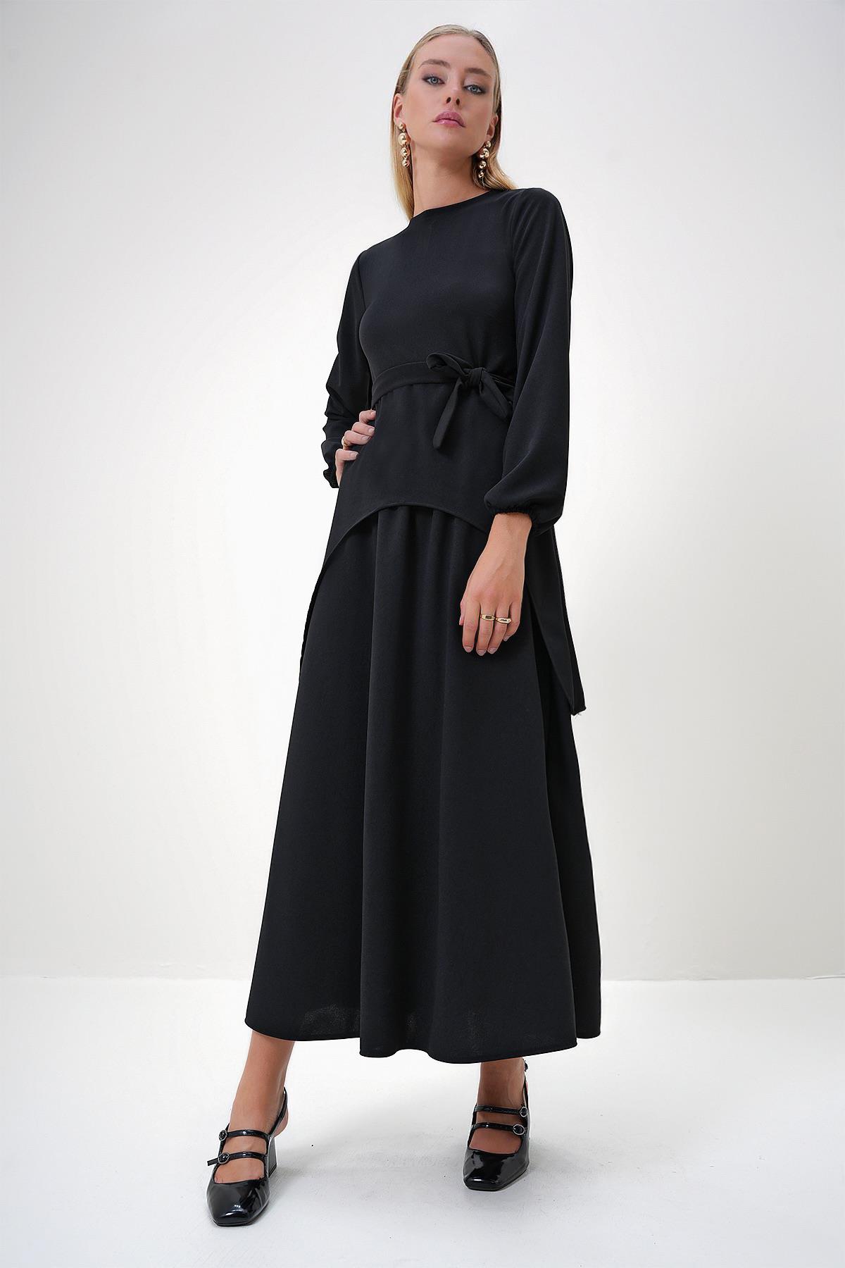 Kadın Siyah Bisiklet Yaka Asimetrik Kesim Tunik Ve Etek Takım ALC-X12870