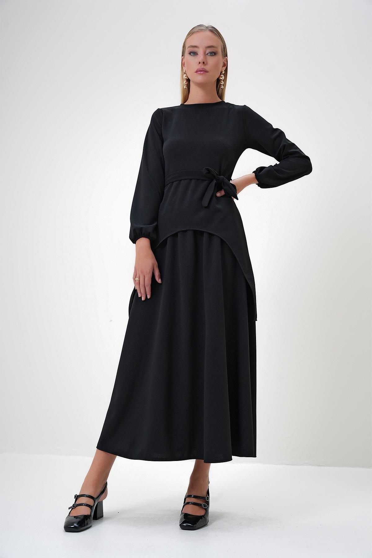 Kadın Siyah Bisiklet Yaka Asimetrik Kesim Tunik Ve Etek Takım ALC-X12870