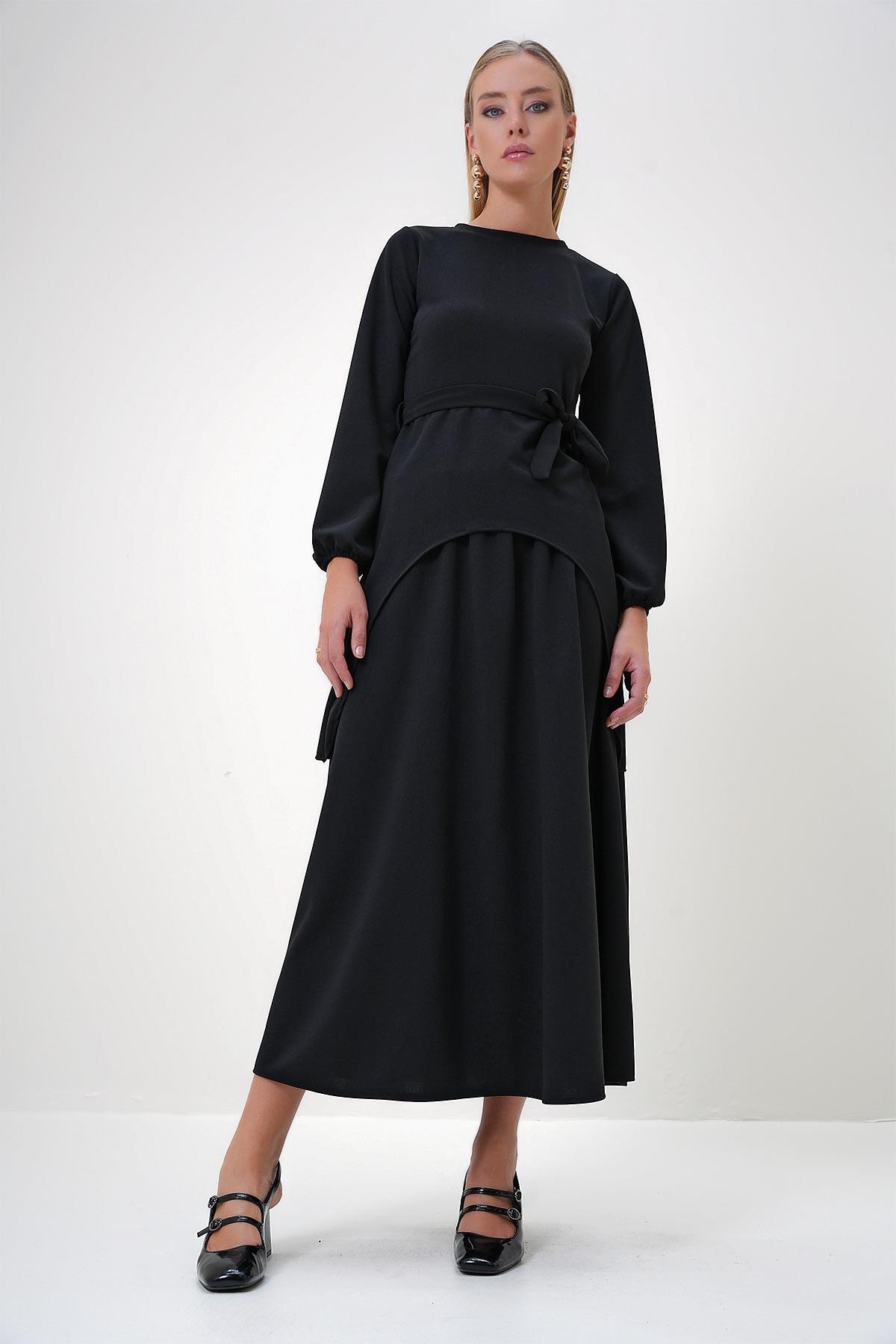 Kadın Siyah Bisiklet Yaka Asimetrik Kesim Tunik Ve Etek Takım ALC-X12870