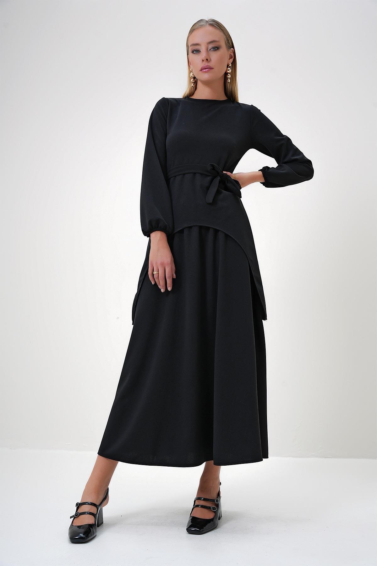 Kadın Siyah Bisiklet Yaka Asimetrik Kesim Tunik Ve Etek Takım ALC-X12870