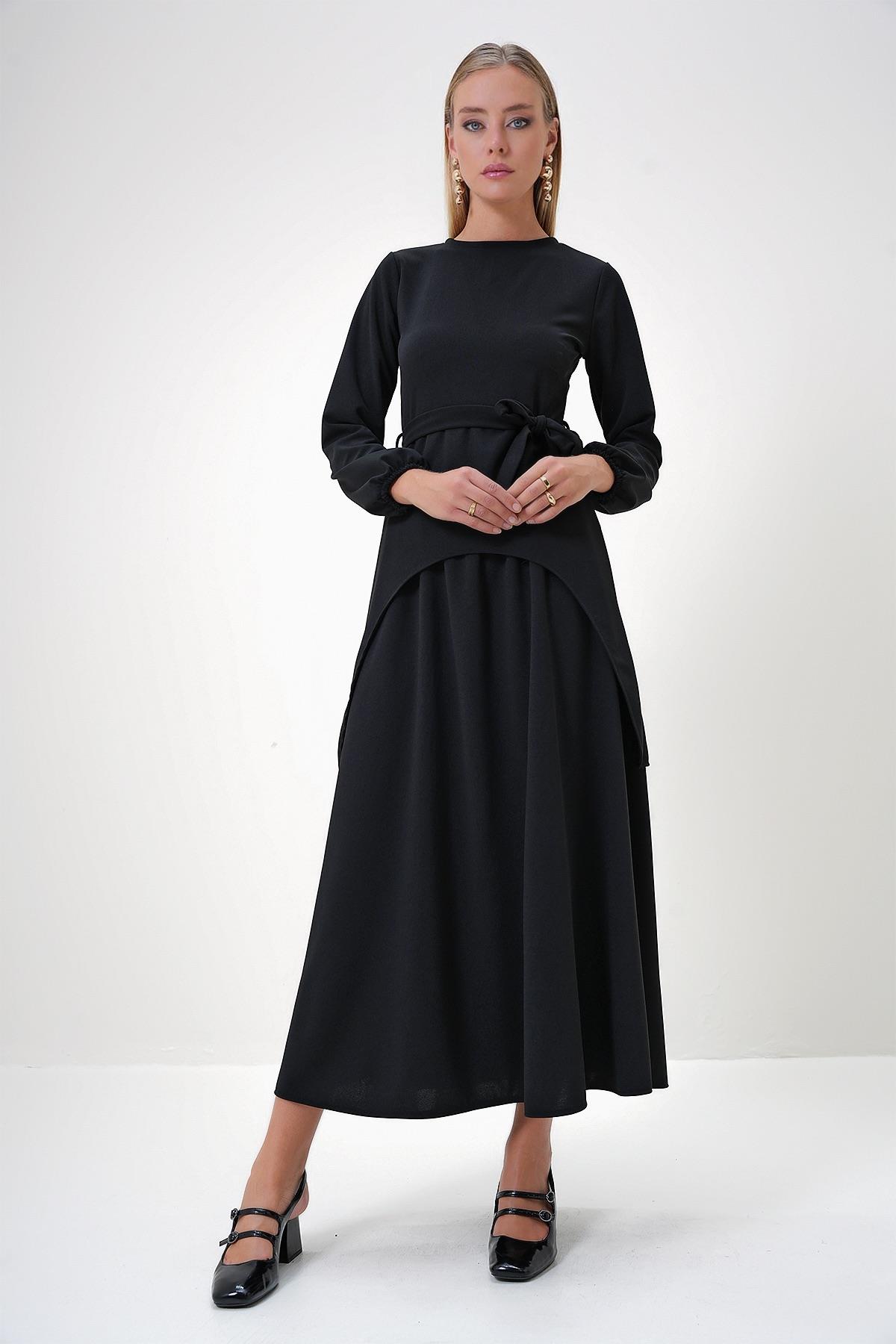 Kadın Siyah Bisiklet Yaka Asimetrik Kesim Tunik Ve Etek Takım ALC-X12870