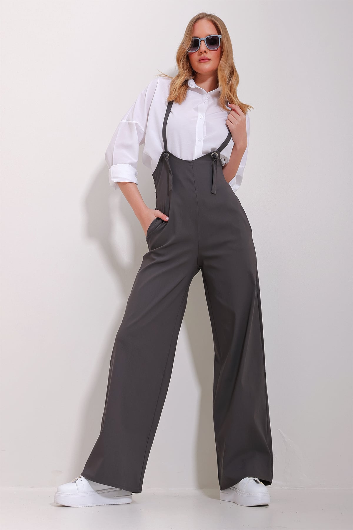 Kadın Antrasit Çift Cepli Askılı Likralı Salopet Tulum ALC-X11539