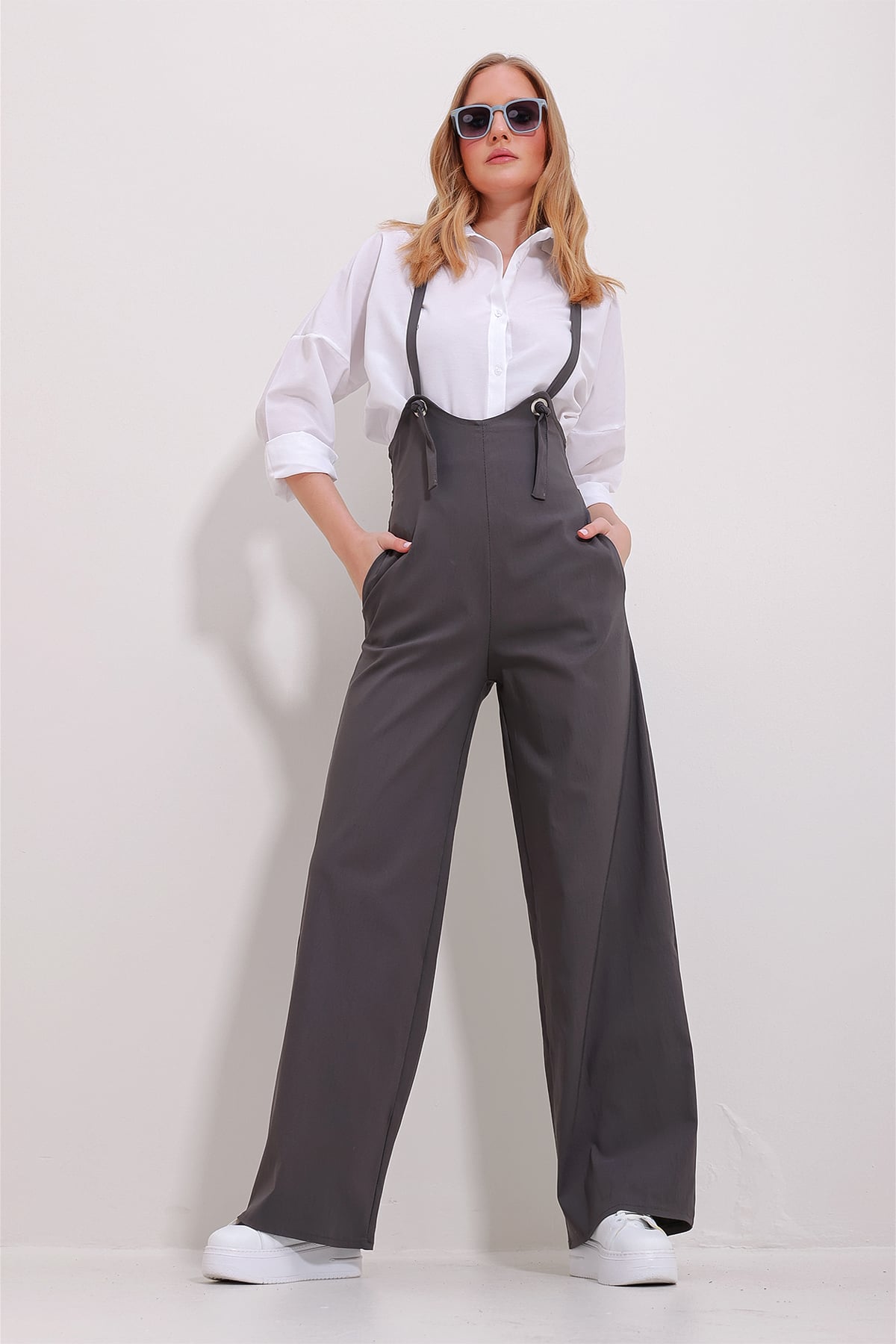 Kadın Antrasit Çift Cepli Askılı Likralı Salopet Tulum ALC-X11539