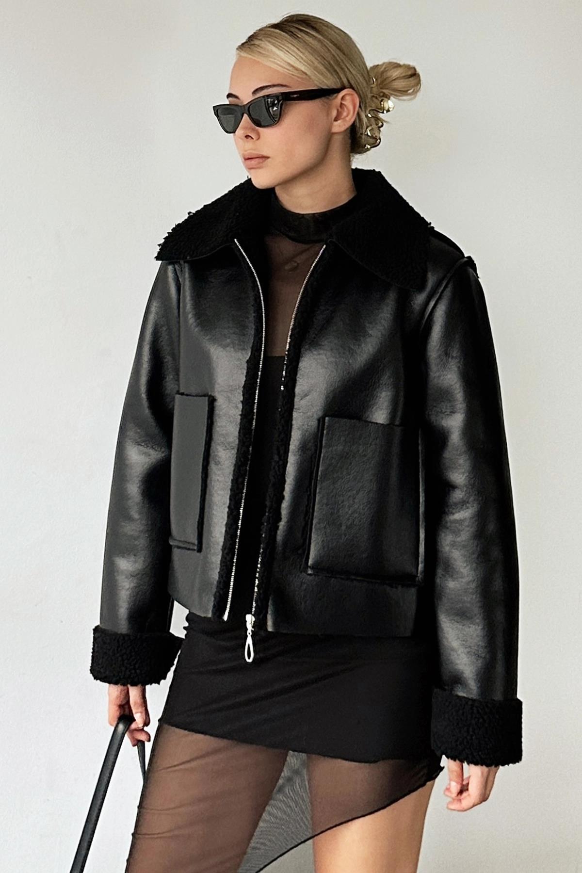 Kadın Siyah Çift Cepli İçi Suni Kürklü Suni Deri Biker Ceket PRM0408