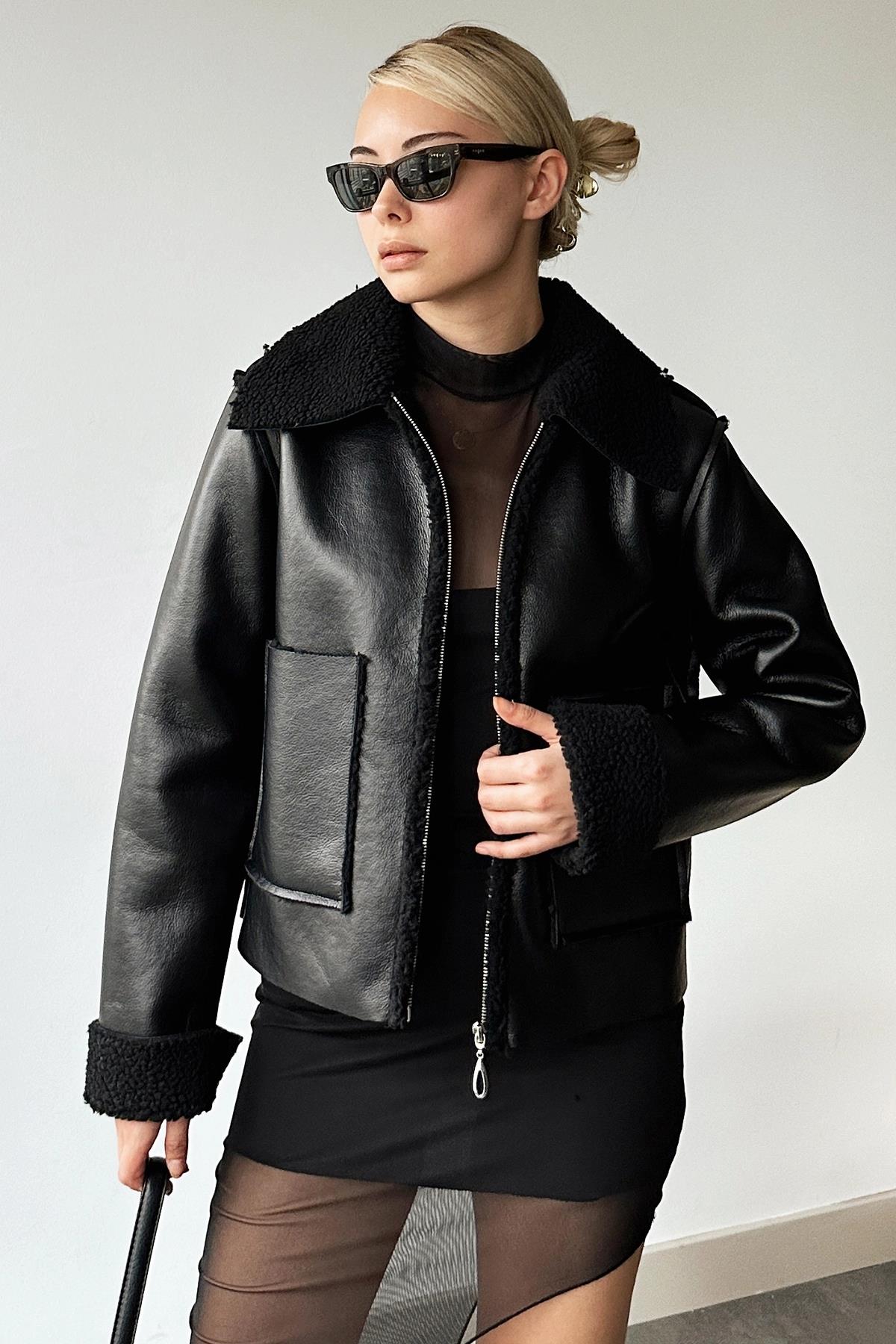 Kadın Siyah Çift Cepli İçi Suni Kürklü Suni Deri Biker Ceket PRM0408