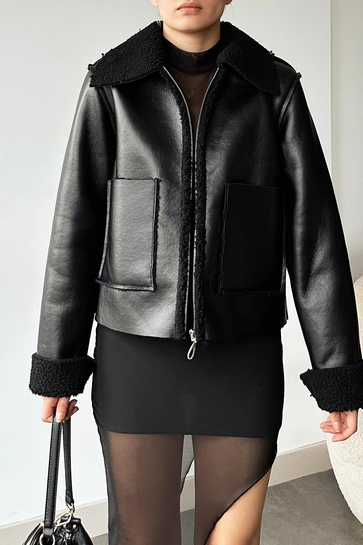 Kadın Siyah Çift Cepli İçi Suni Kürklü Suni Deri Biker Ceket PRM0408
