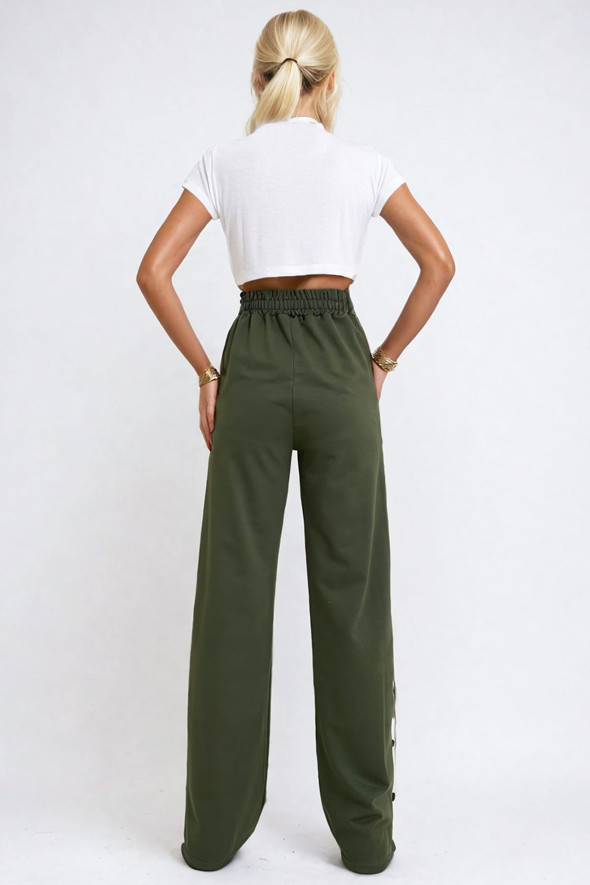 Kadın Haki Çift Cepli Lastikli Yanları Şeritli Wide Leg Pantolon ALC-X12713