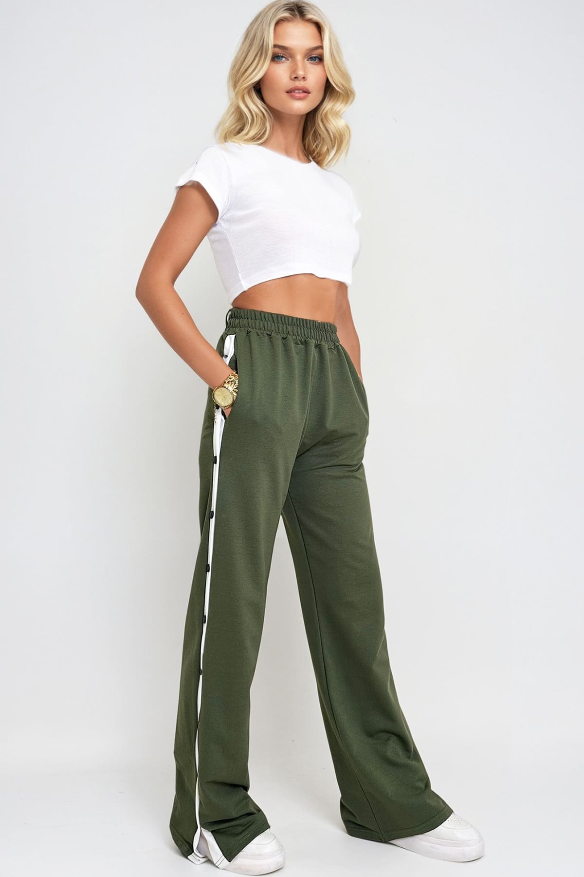 Kadın Haki Çift Cepli Lastikli Yanları Şeritli Wide Leg Pantolon ALC-X12713