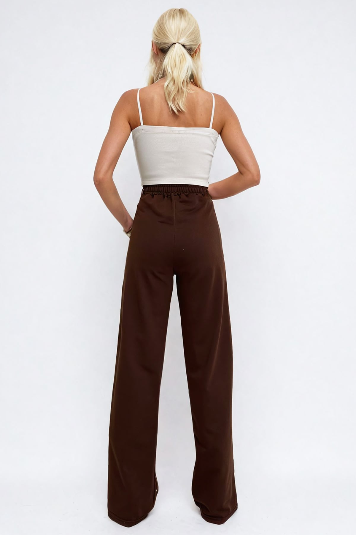 Kadın Kahverengi Çift Cepli Lastikli Yanları Şeritli Wide Leg Pantolon ALC-X12713
