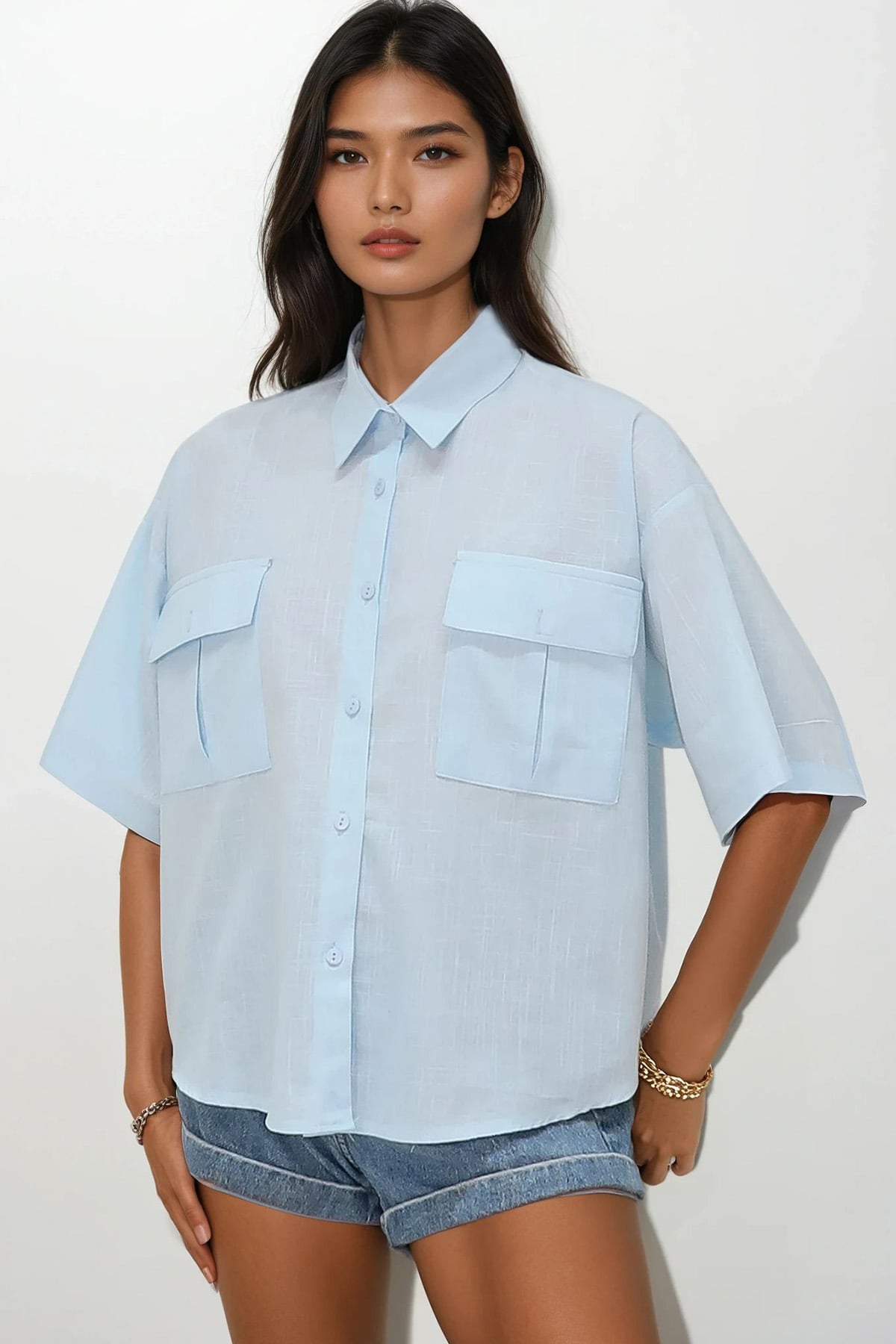 Kadın Bebe Mavi Çift Cepli Yarım Kol Keten Gömlek ALC-X9991