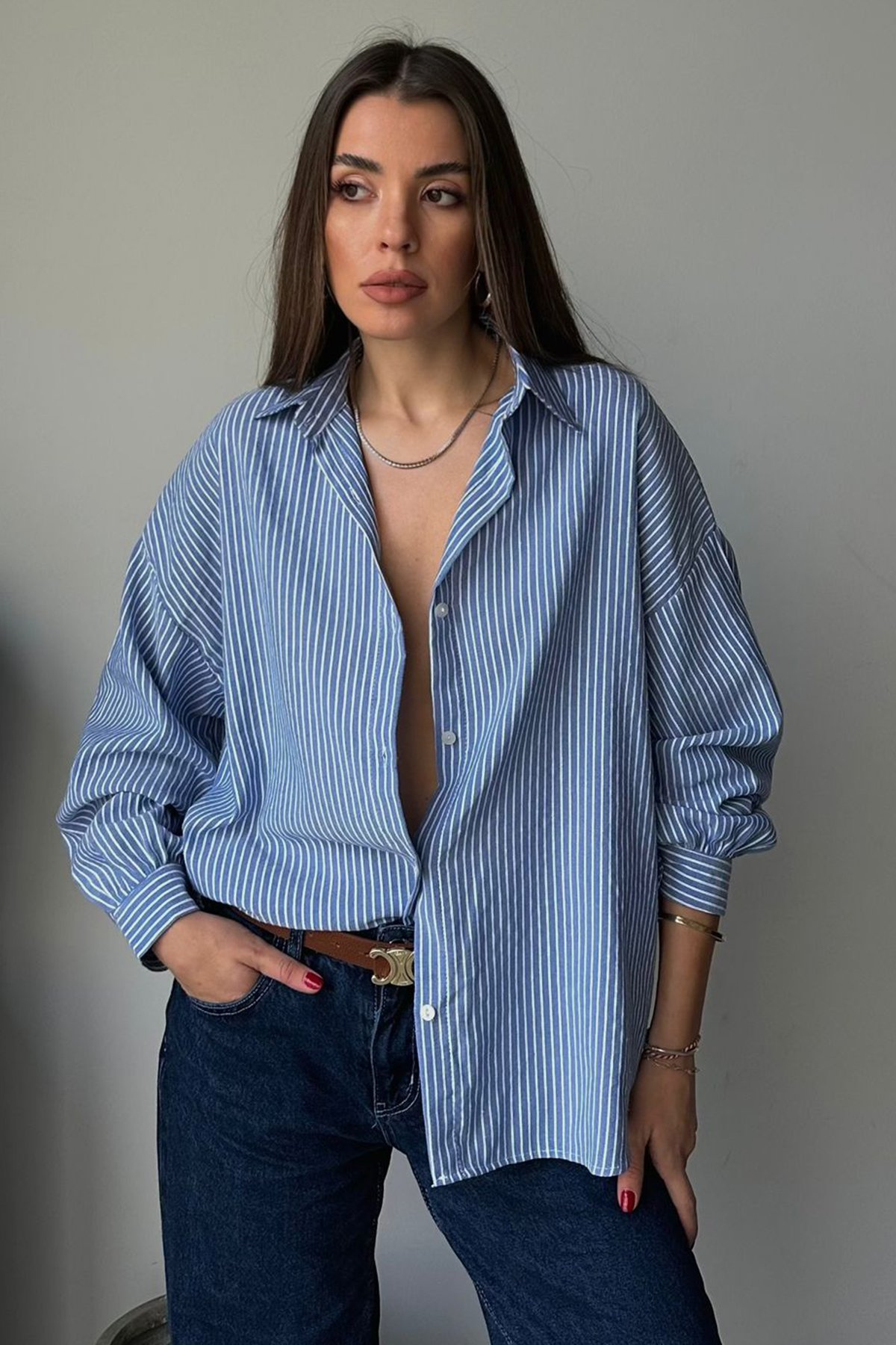 Kadın Mavi Çizgili Oversize Gömlek VS01306