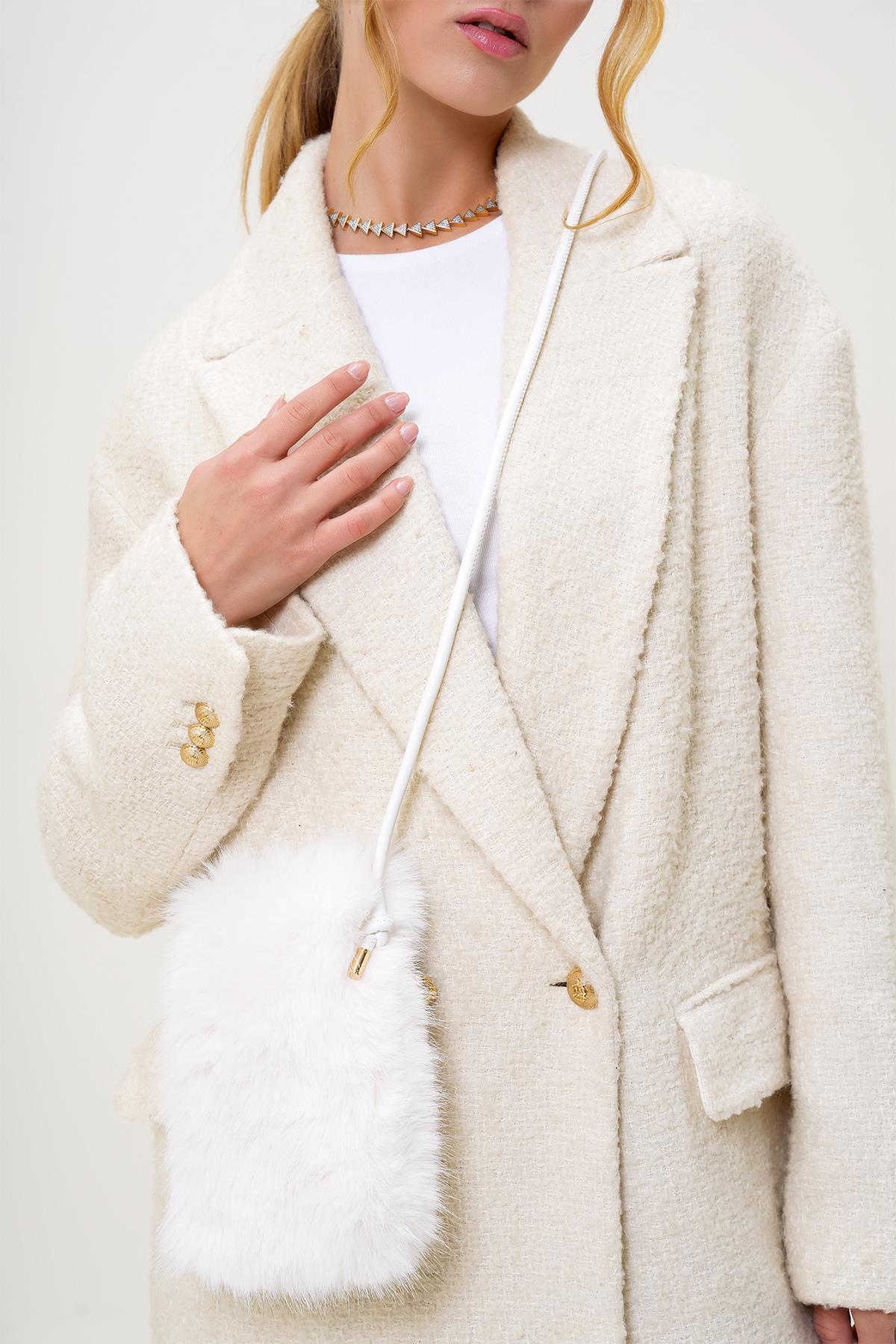 Kadın Ekru Deri Kordonlu Mıknatıs Kapamalı Suni Kürk Telefon Çantası ALC-X13249