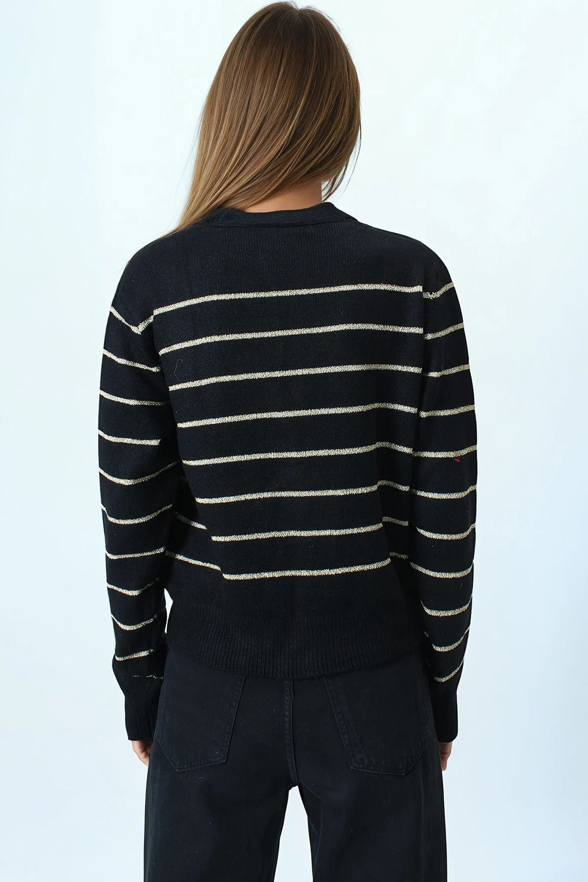 Kadın Siyah Derin V Yaka Düğmeli Çizgili Triko Hırka VS01063