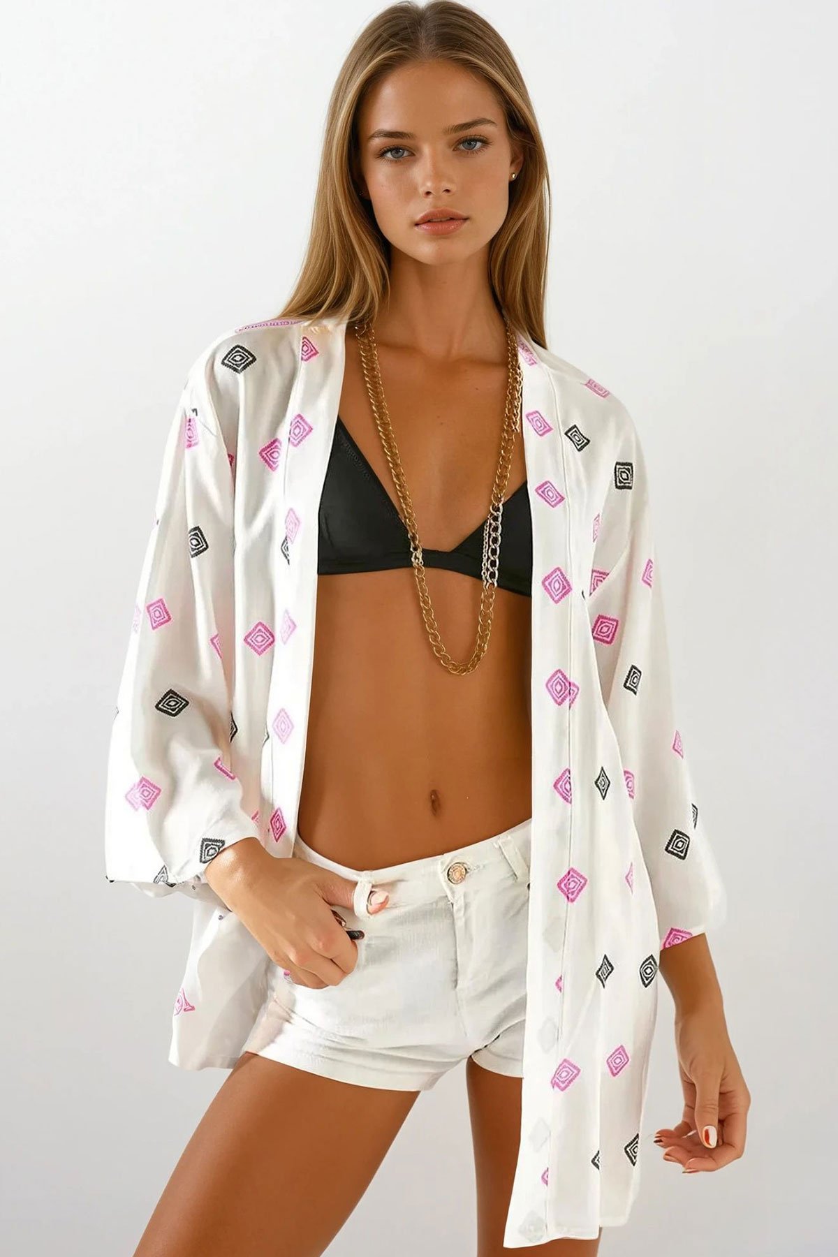 Kadın Lila Desenli Dokuma Viskon Kimono VS00682