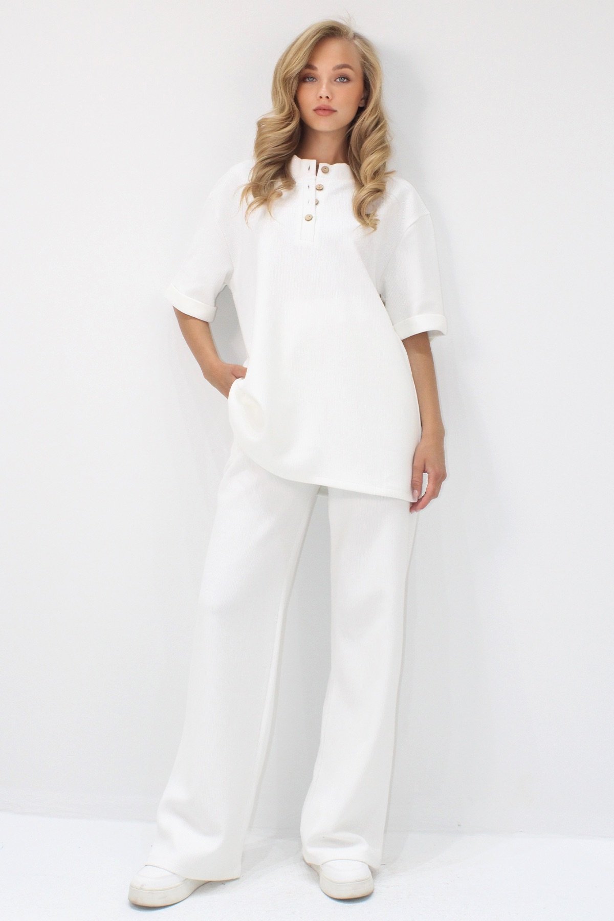 Kadın Ekru Duble Kol Yakası Düğmeli Pantolonlu Alt Üst Takım Alc-X11487
