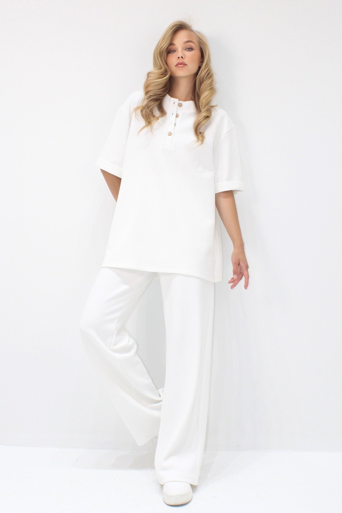 Kadın Ekru Duble Kol Yakası Düğmeli Pantolonlu Alt Üst Takım Alc-X11487