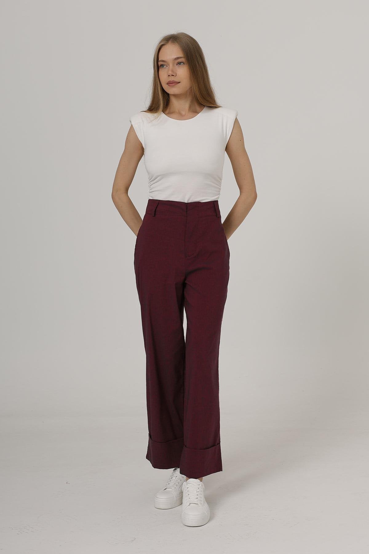 Kadın Bordo Çift Cepli Duble Paça Pantolon VS00587