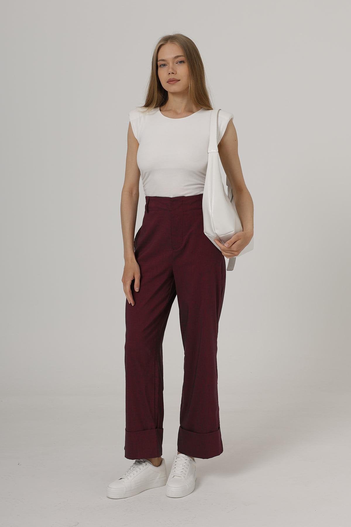Kadın Bordo Çift Cepli Duble Paça Pantolon VS00587